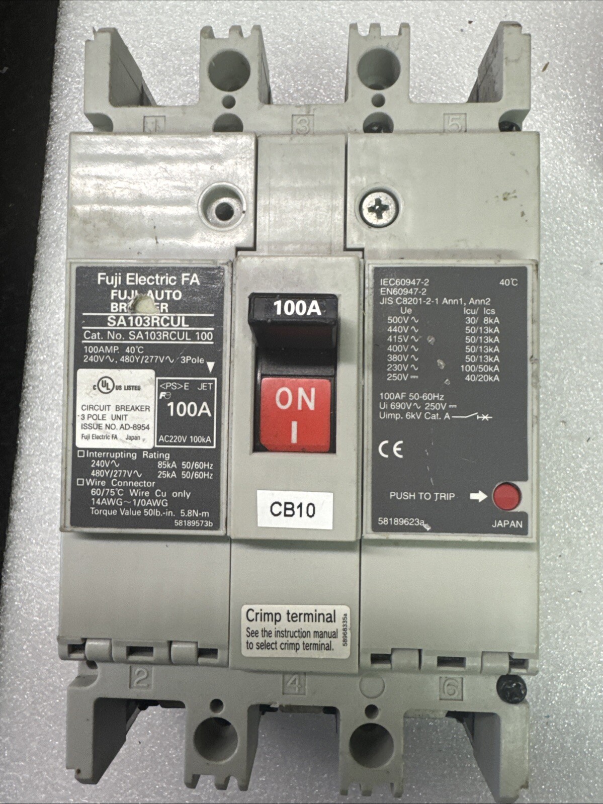 FUJI ELECTRIC FA SA103RCUL 100 3 POLE 100A AUTO BREAKER