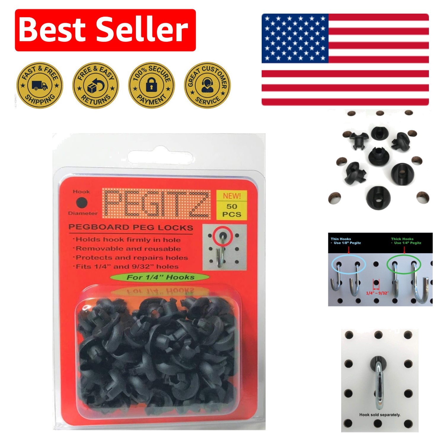 50 Count Reusable Pegboard Lock Grommets - Perfect for Wood Surfaces