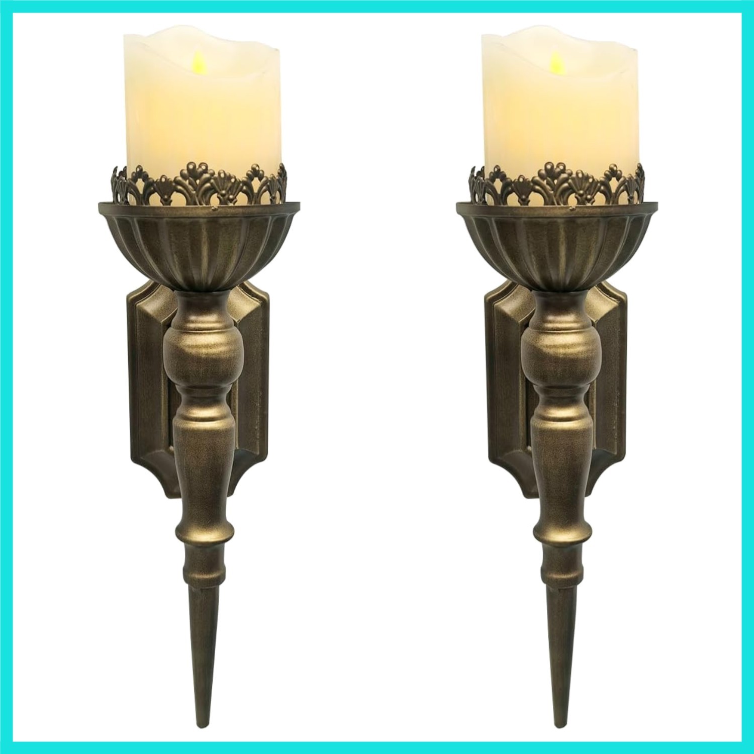 Gold Candle Sconces Set of 2 - Metal Wall Candle Holders for Pillar - Vintage...