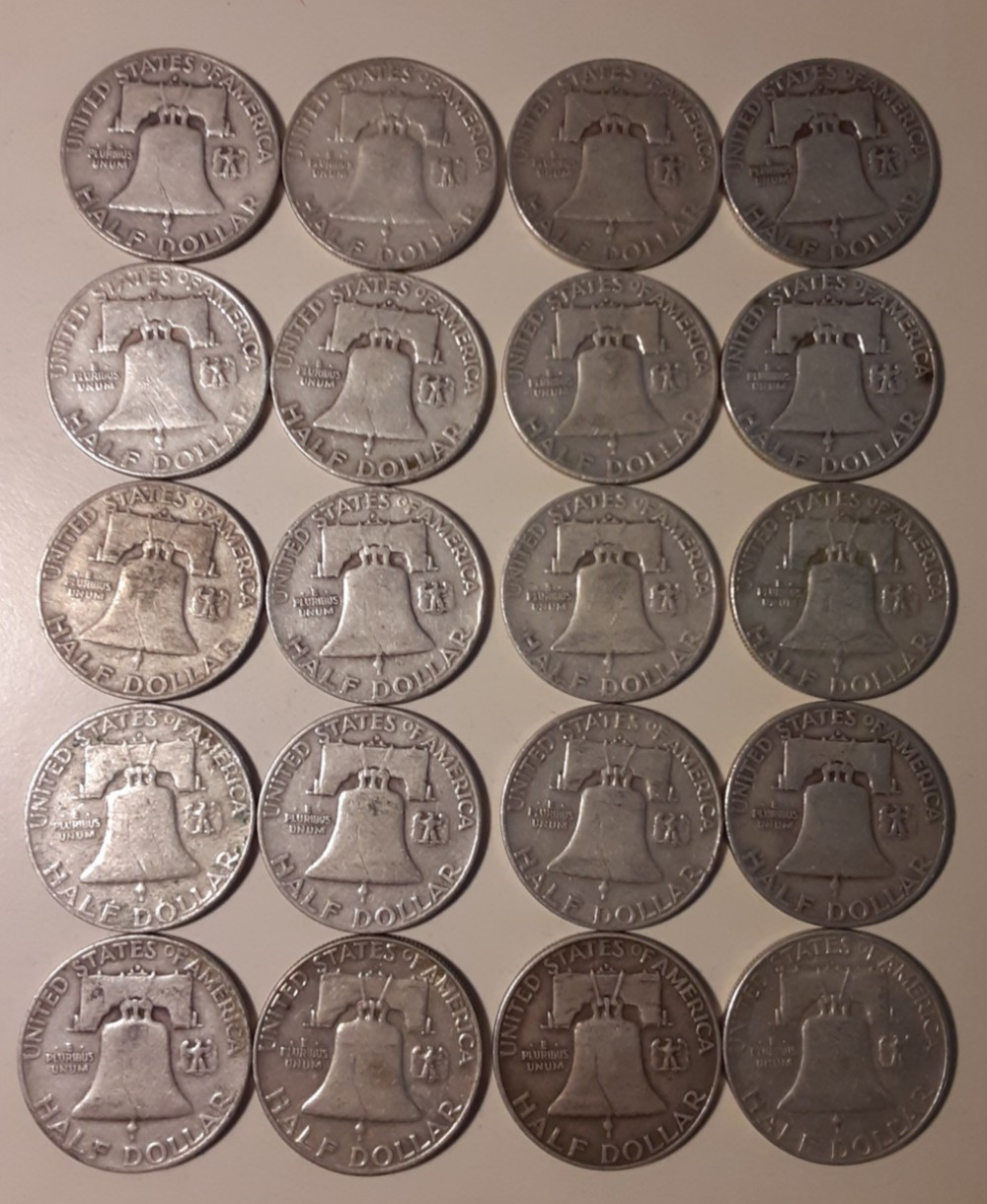 1952-D $10 Face Value 90% Silver Franklin Half Dollars various grades (#3-RDF)