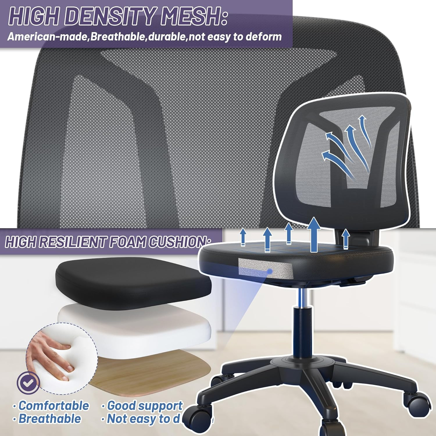 Armless Mid-Back Small Swivel Adjustable Computer Desk Office Chair without Armr