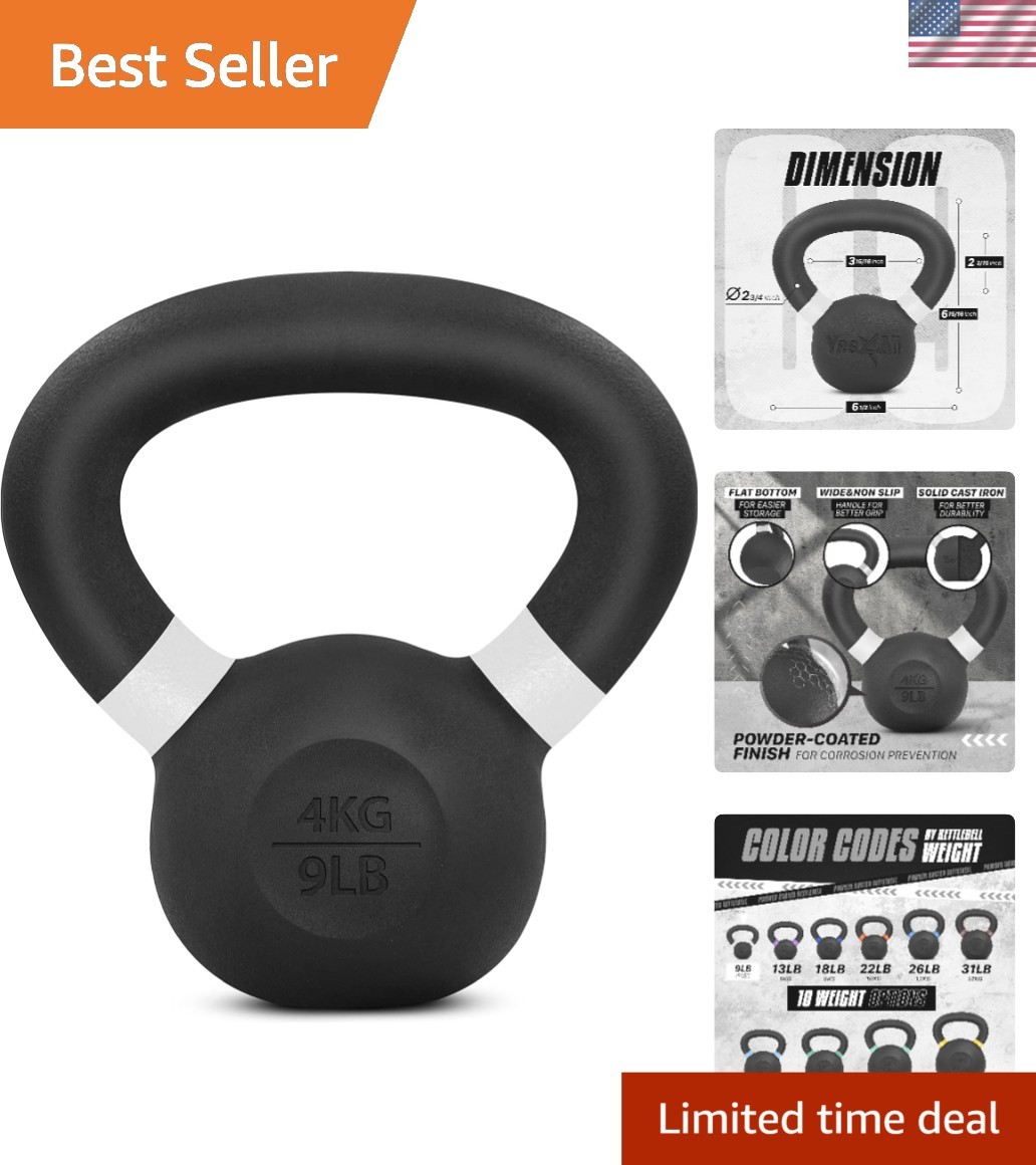 Powder Coated Cast Iron Kettlebell with Non-Slip Handle - 9lb to 71lb Options