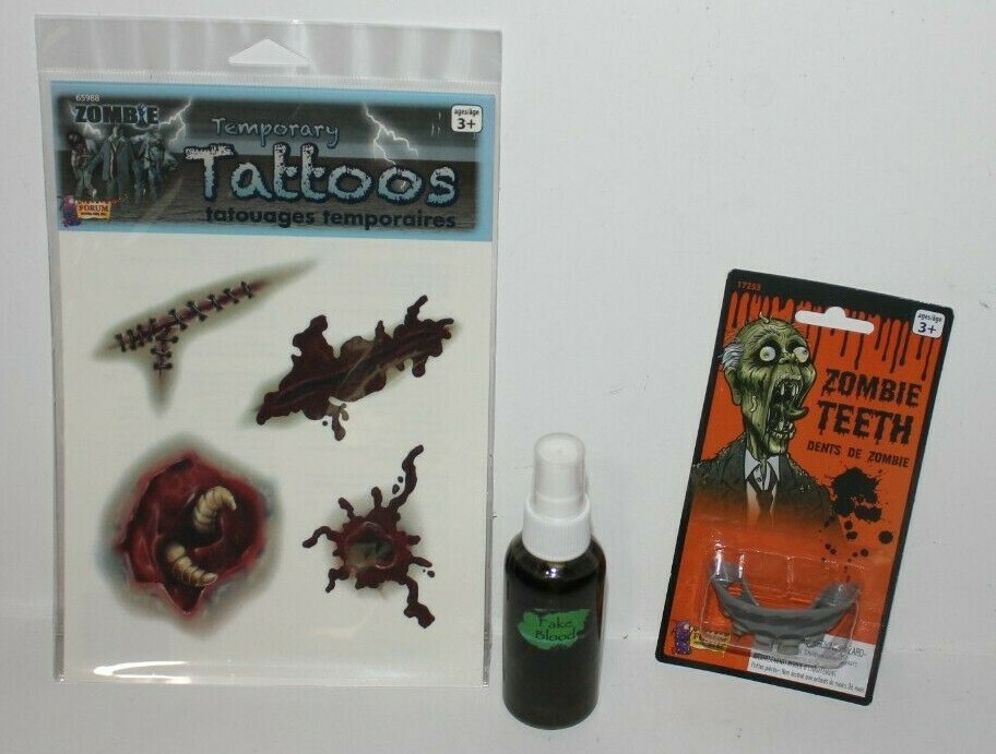3 Instant Zombie kit, 1 Fake Teeth, 1 Green Blood & 4 Tattoo Scars Costume Favor