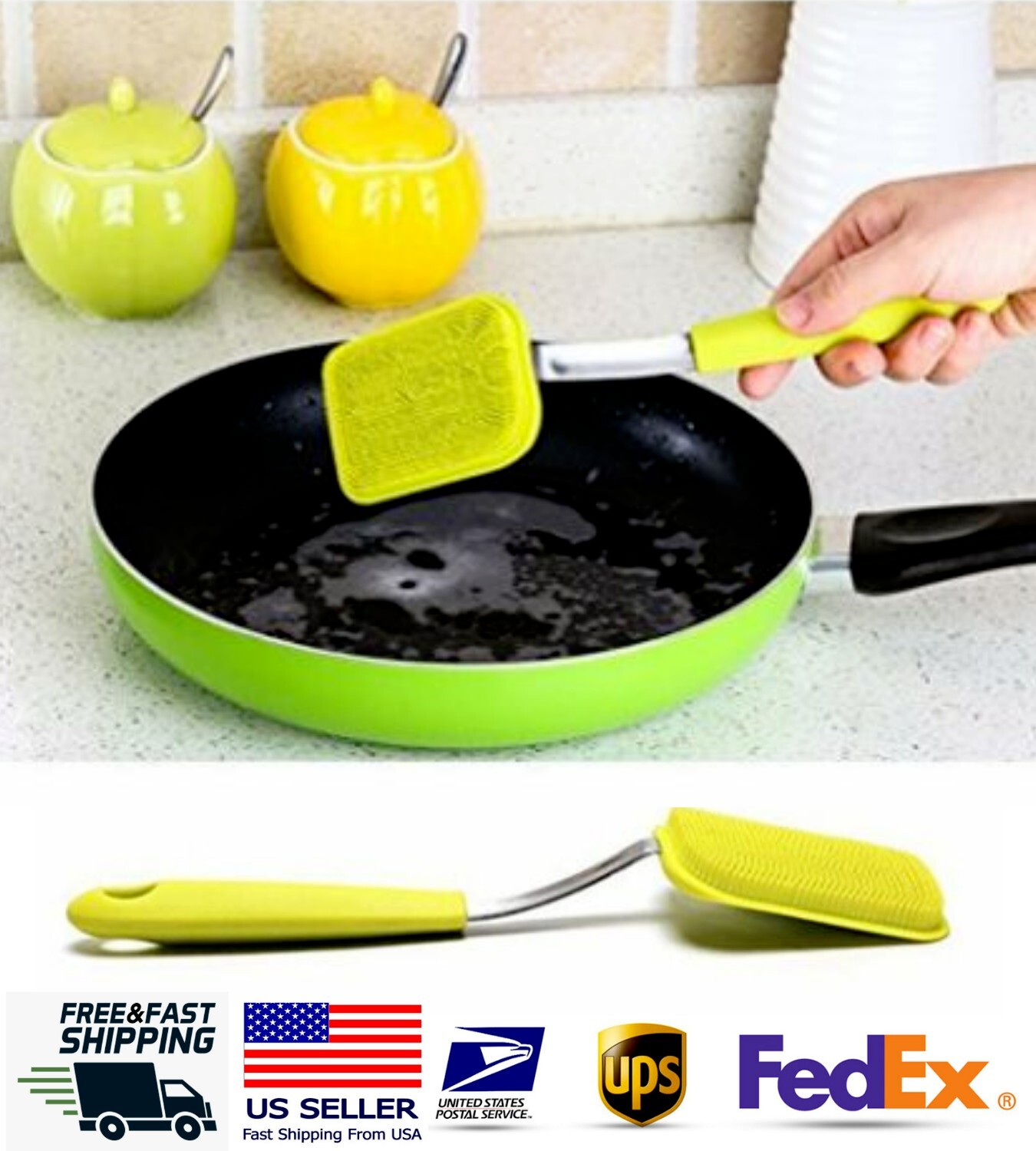 9" Silicone Kitchen Brush Scrubber with Handle Antibacterial Brush for Pans Pots