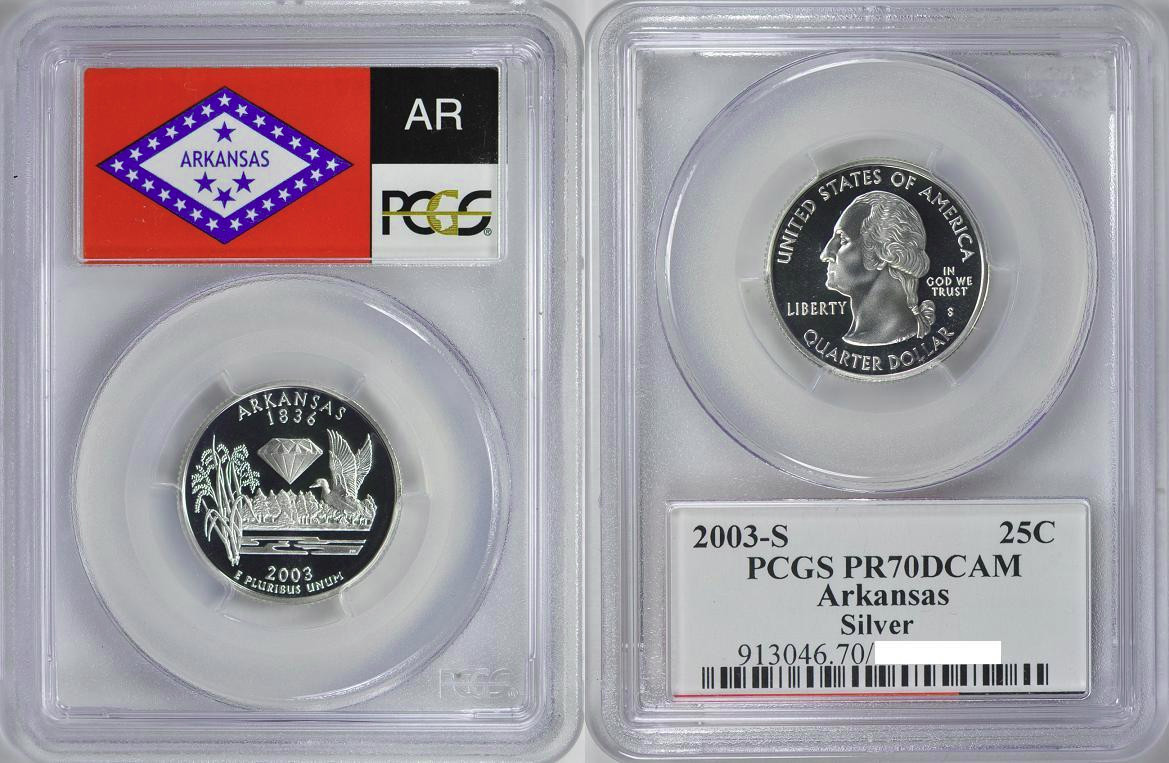 2003 S SILVER QUARTER ARKANSAS PCGS PR70 DCAM 25C FLAG LABEL