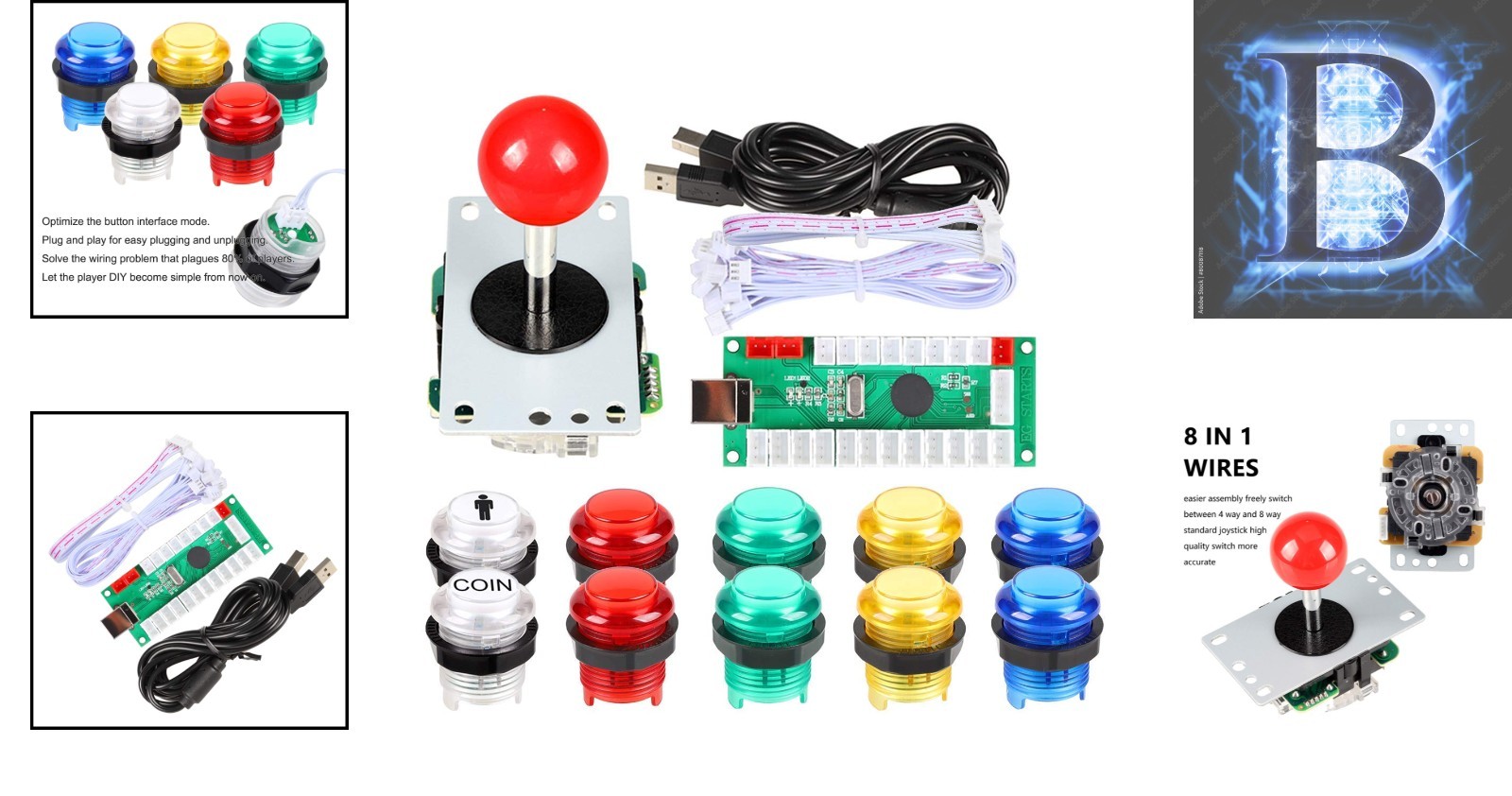 16-Button LED Arcade Controller Kit with 8-Way Joystick for PC Game Enthusiasts