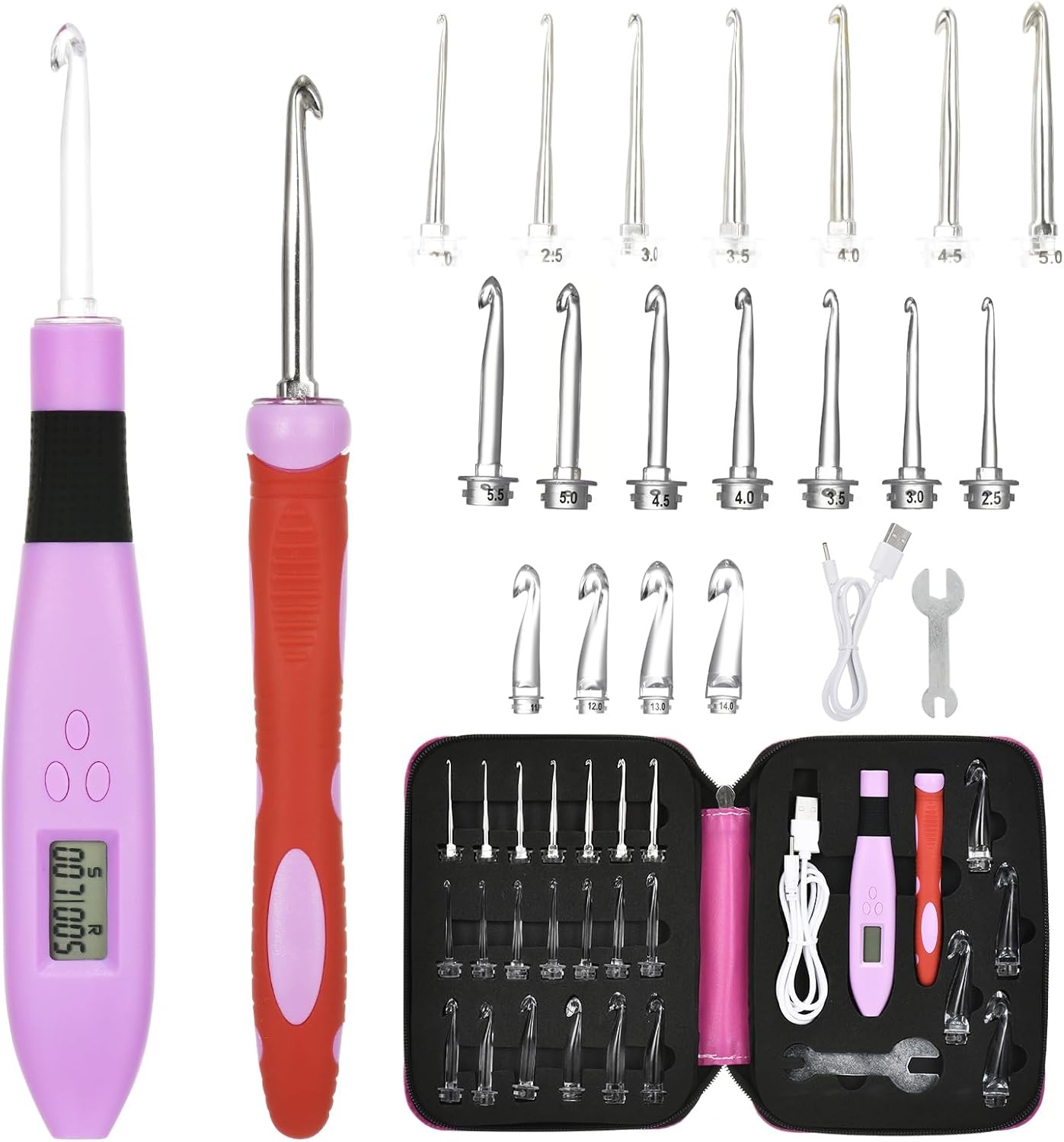 24 Size Counting Crochet Hooks with Light, Digital Counter Crochet Hooks Set