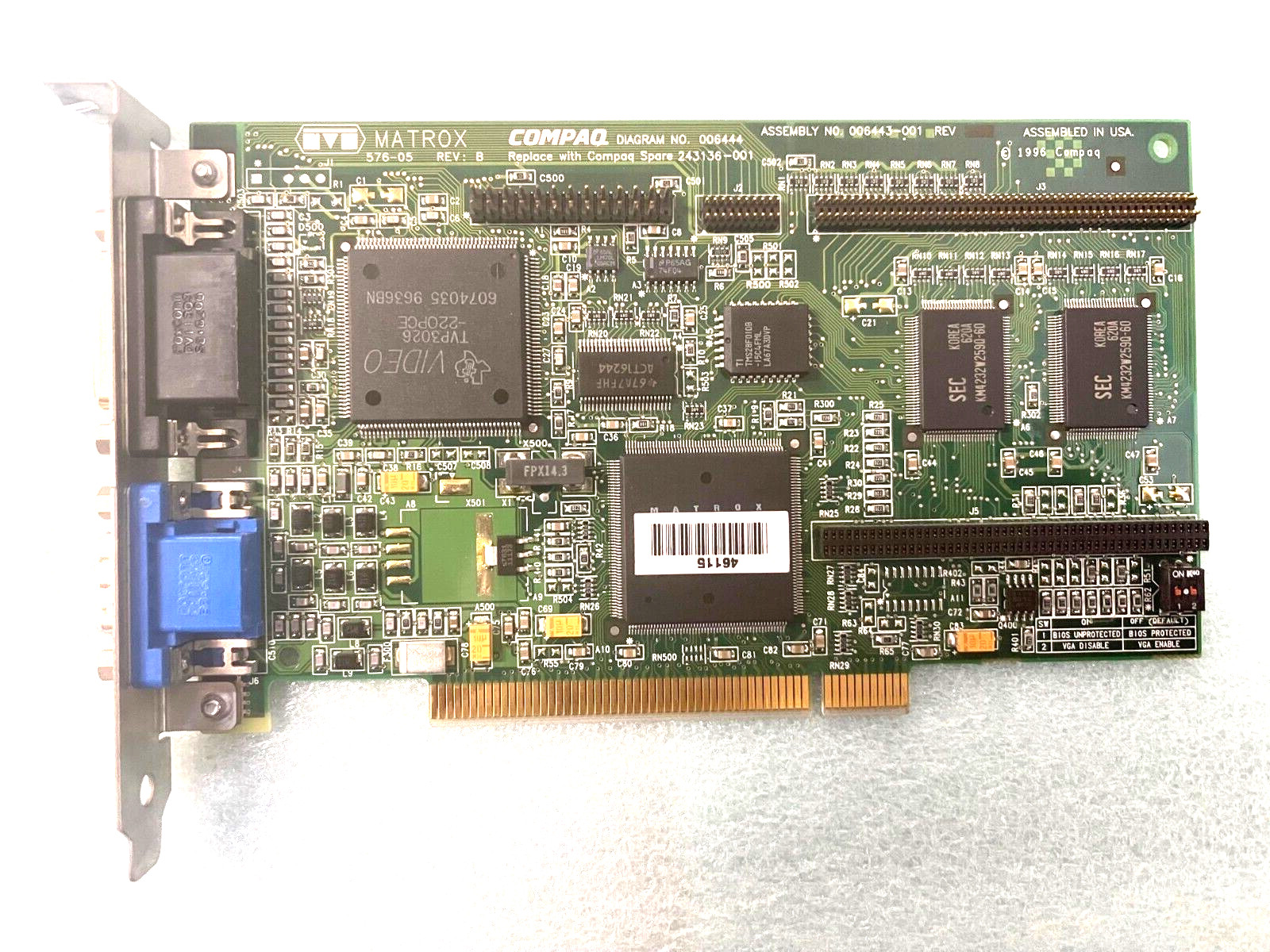 VINTAGE Matrox PCI 2 MB VGA Video Card 576-05 Rev B Compaq 243136-001 MXB94A-2