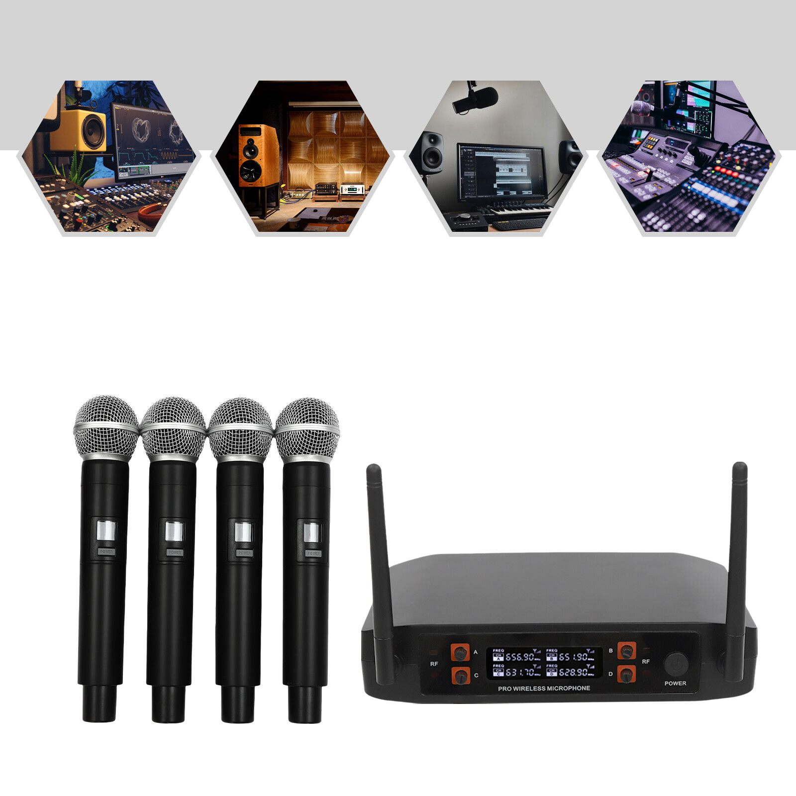 4 Channel UHF Wireless Microphone Pro Audio System Handheld Dynamic Mic Party