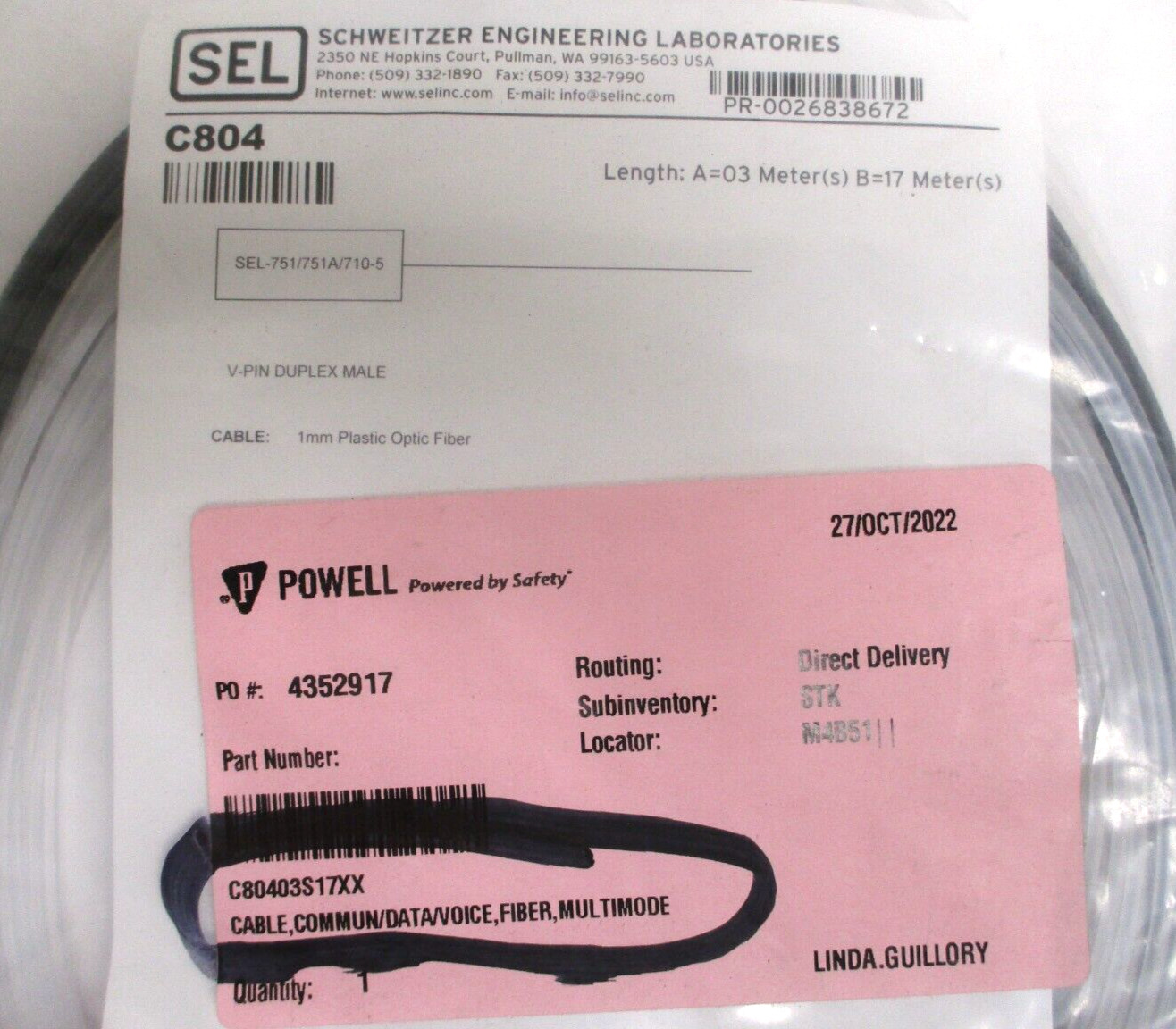 SCHWEITZER ENGINEERING , C80403S17XX, COMMUN/DATA/VOICE/FIBER/MULTIMODE, SURPLUS