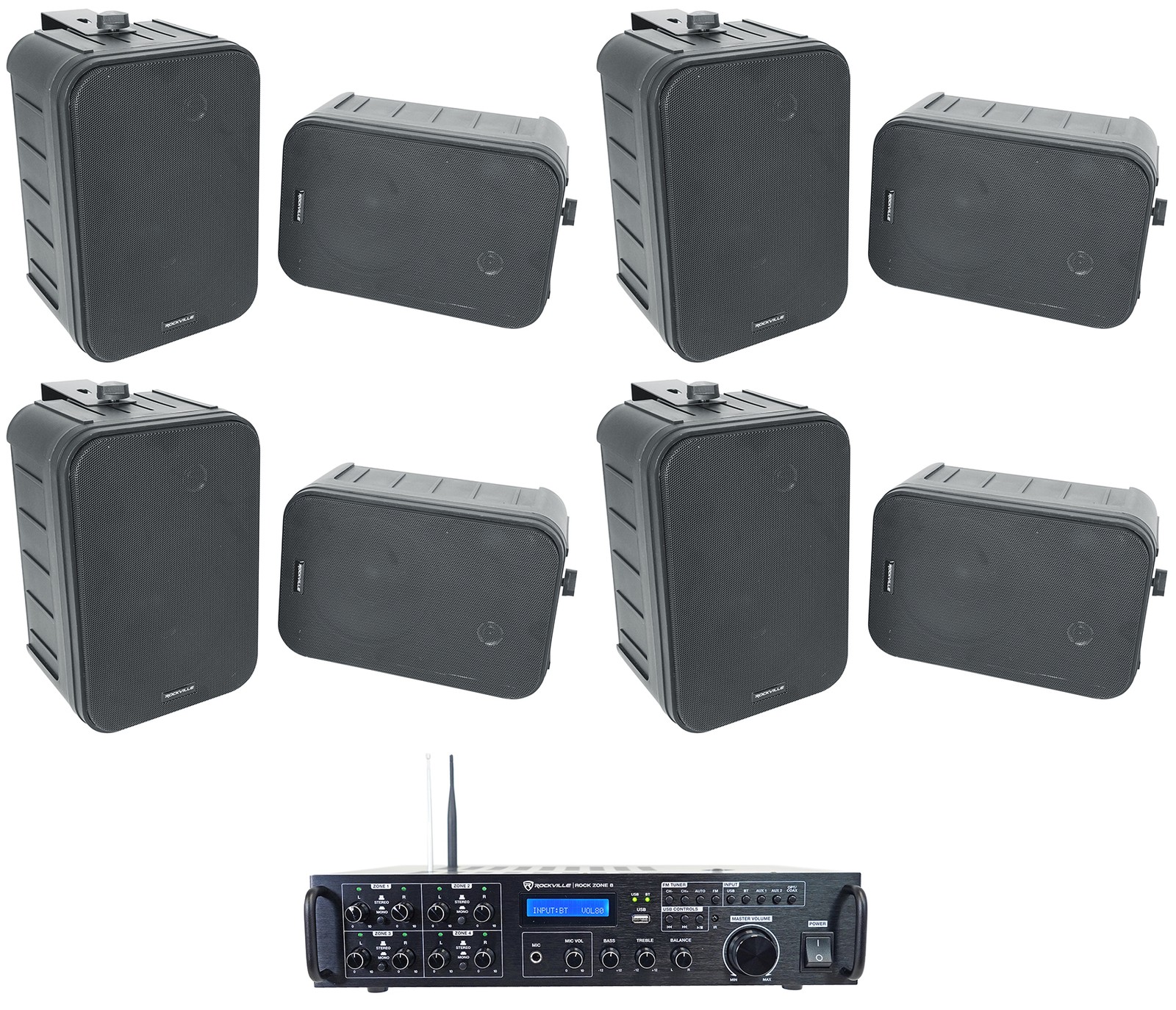 Rockville Rock Zone 8 Ch. Multi Room Home Receiver+(8) Black 6.5" Wall Speakers