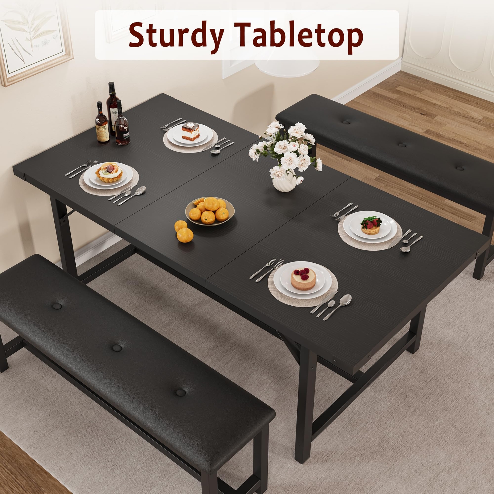 3pcs Dining Table Set ,Extendable Kitchen Table and 2 Upholstered Benches Dinner