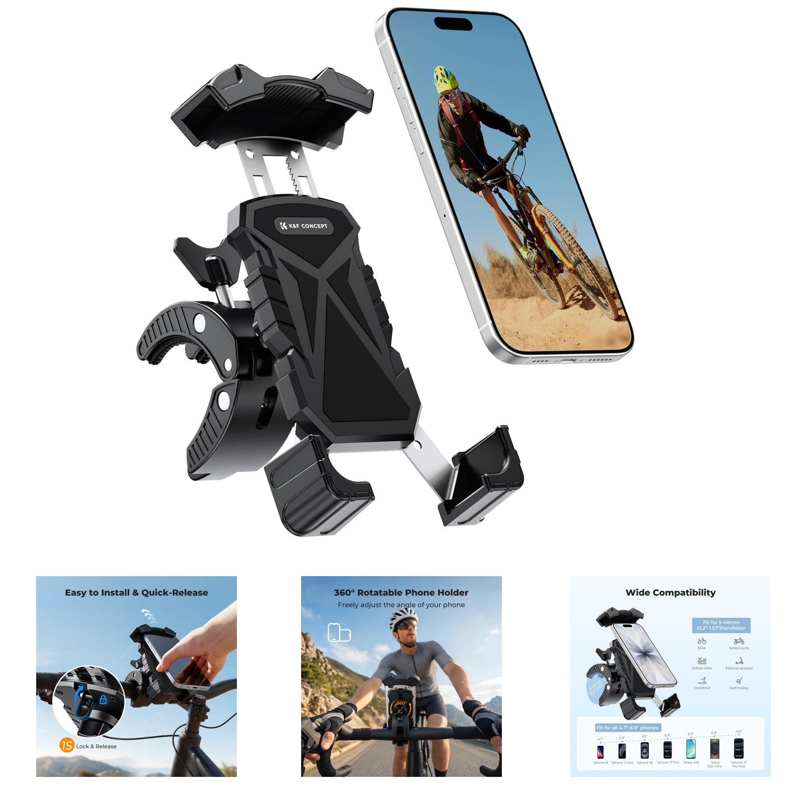 Motorcycle Phone Mount, Bike Phone Holder, 360 Degree Adjustable Handlebar Clamp