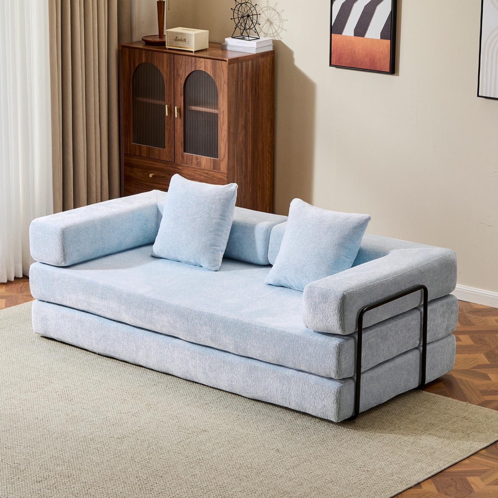 Light Blue Chenille Convertible Floor Sofa Bed W/ Pillow Armrest