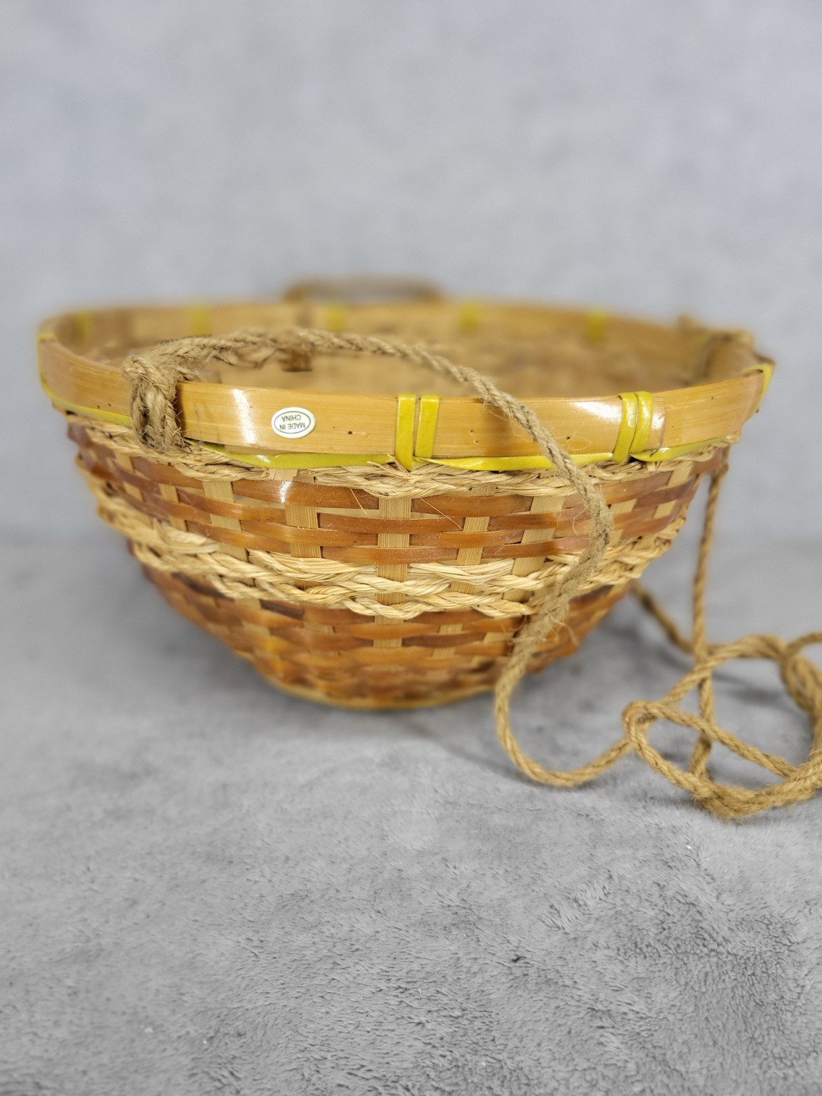Handmade Woven Bamboo Basket with Rope Handles Rustic Farmhouse 11” x 6”