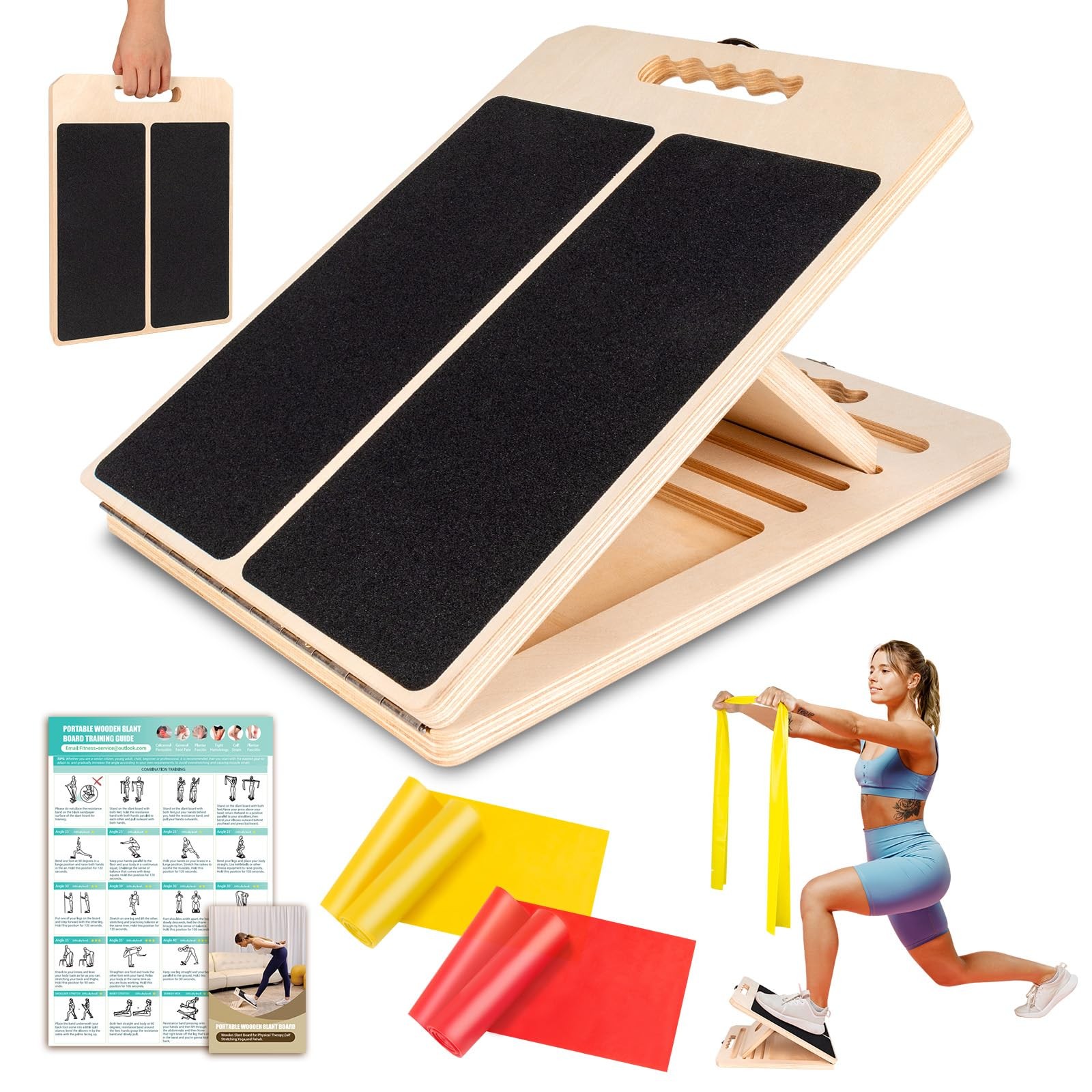 Wooden Slant Board for Calf Stretching, Portable Adjustable Calf Stretch Boar...