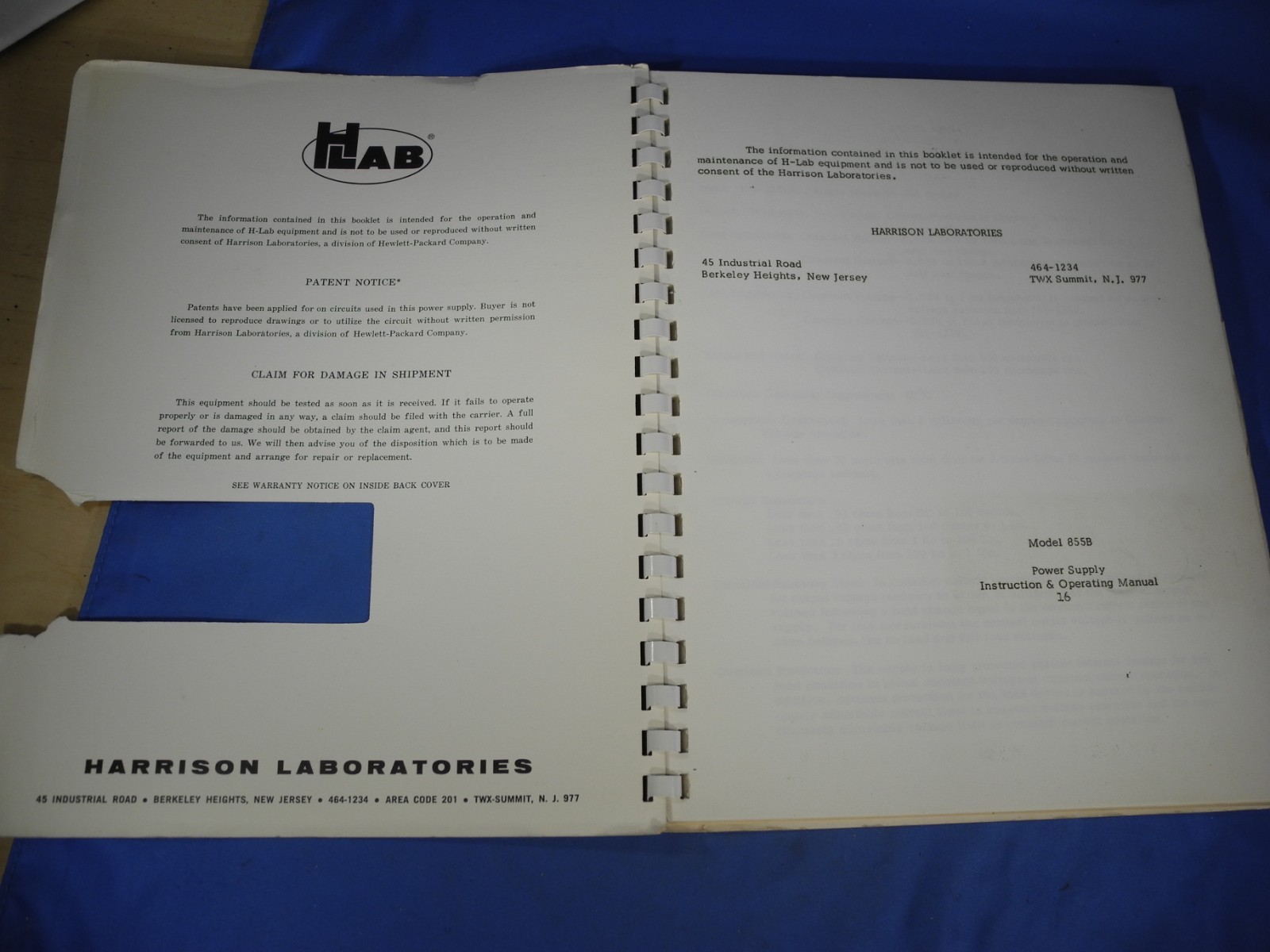 Original HLAB REGULATED POWER SUPPLY MODEL 855B INSTRUCTION AND OPERATING MANUAL