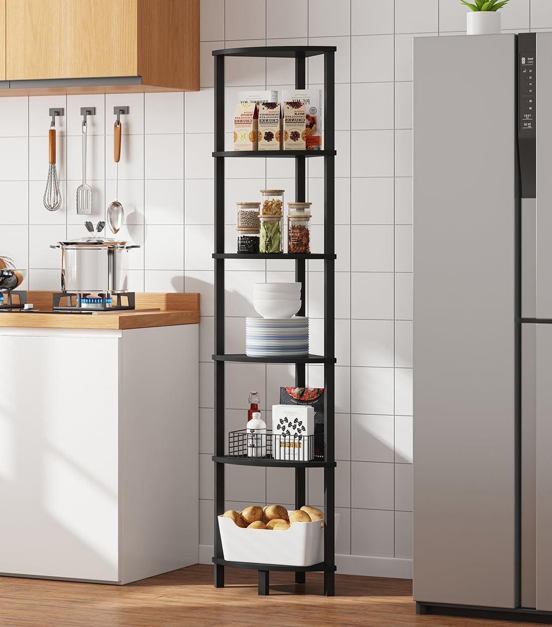 Elegant 6-Tier Industrial Corner Shelf - Customizable Storage Solution