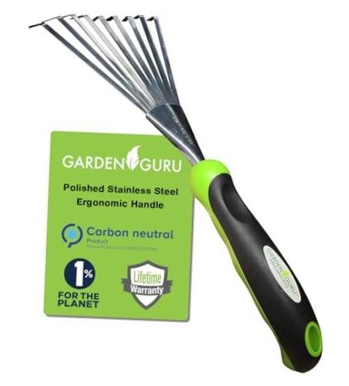 Garden Guru Stainless Steel Hand Rake Soil Tiller with Ergonomic Handle, Great