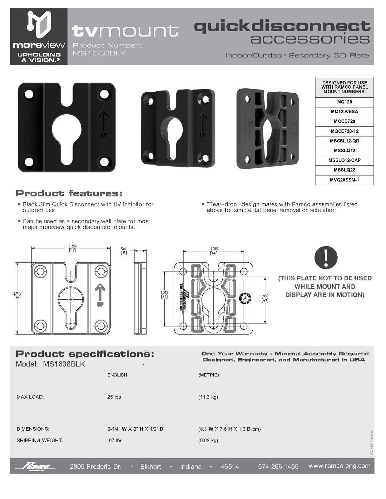 MS1638BLK Outdoor Quick Disconnect Wall Plate TV Mounts, Easy On/Off (Replace...