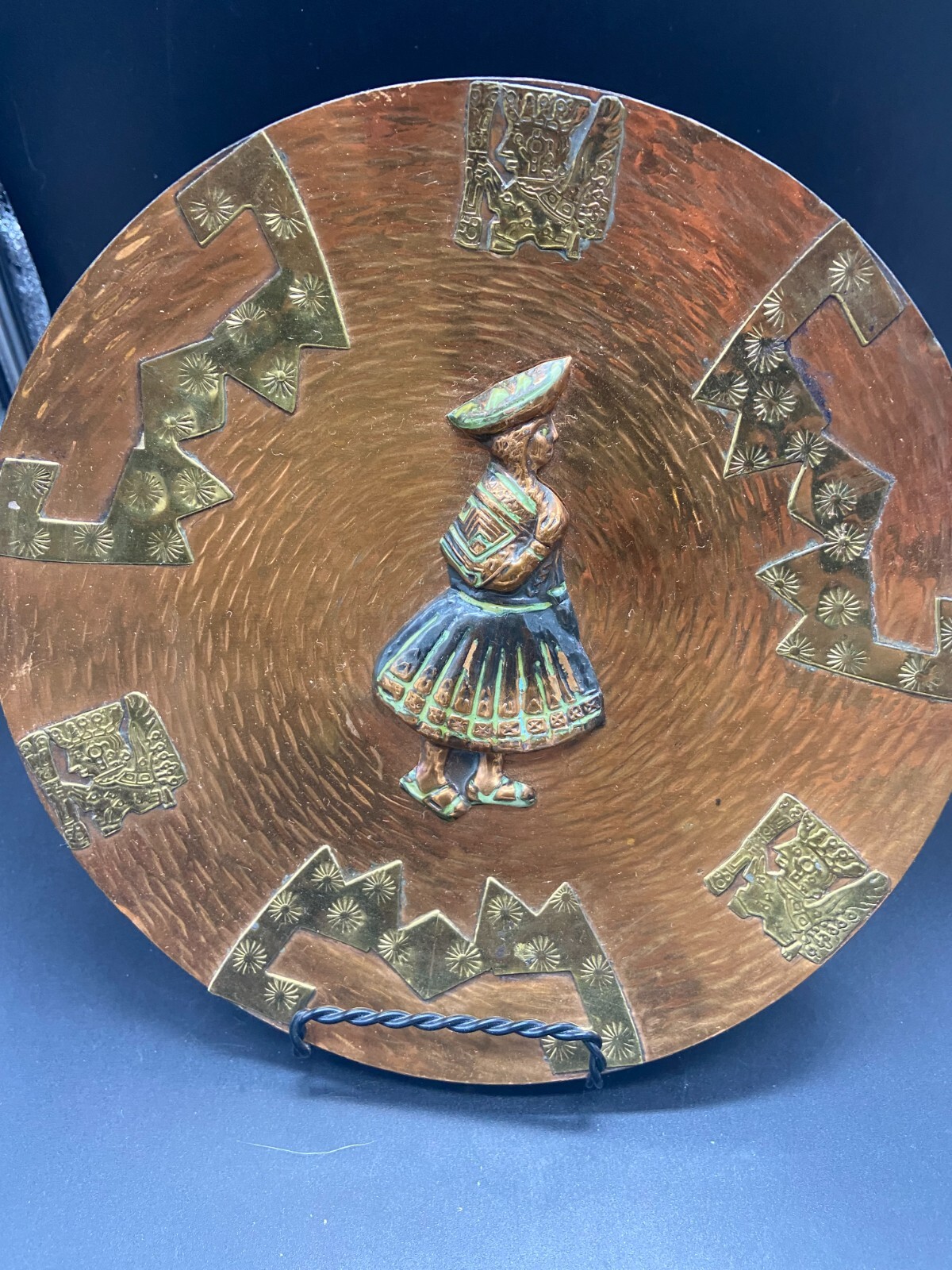 3 Peruvian Artisan Copper Decorated Colored Wall Plates