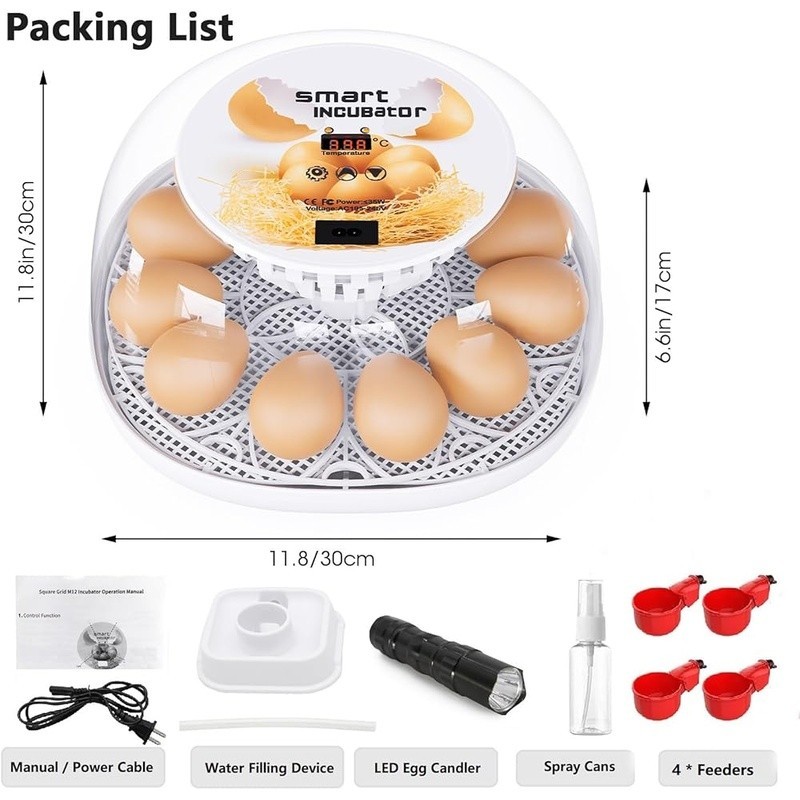 12 Egg Incubator Auto Turning LED Display Temperature Control Hatching Machine