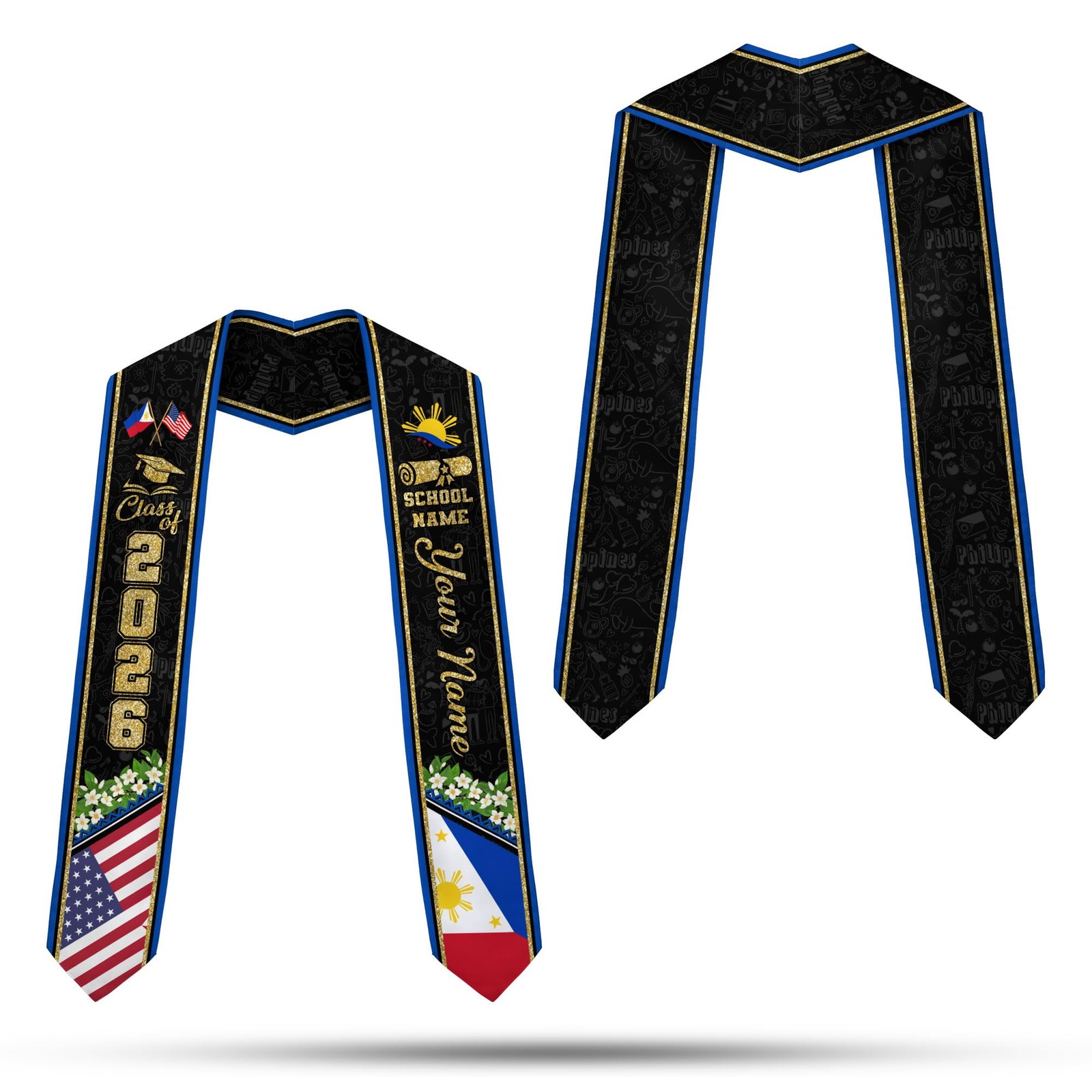 Personalized Filipino Graduation Stole 2026 American And Philippines Flag Sash C