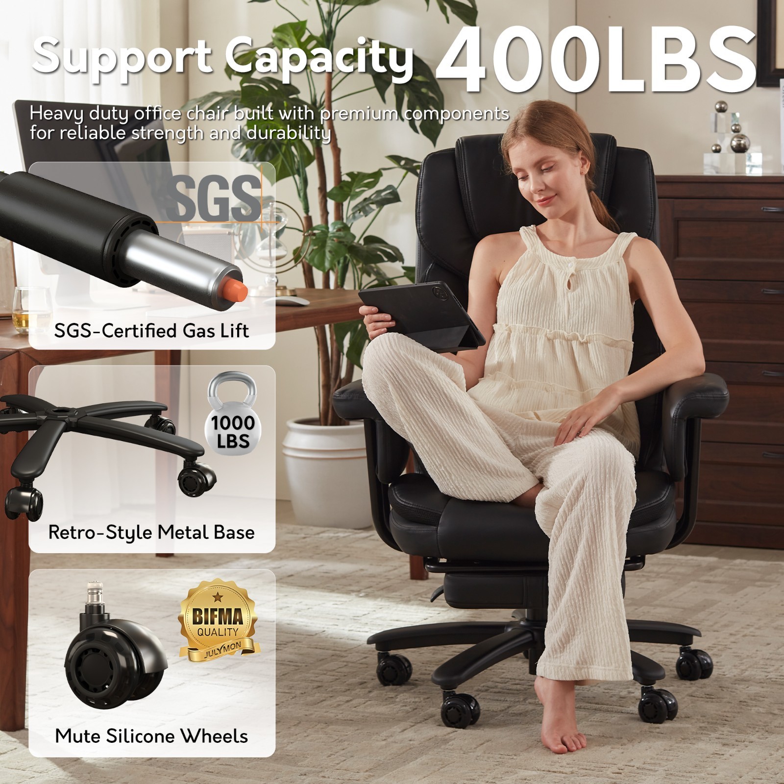 Executive PU Office Chair Big and Tall 400LBS with Reclining Footrest Padded Arm