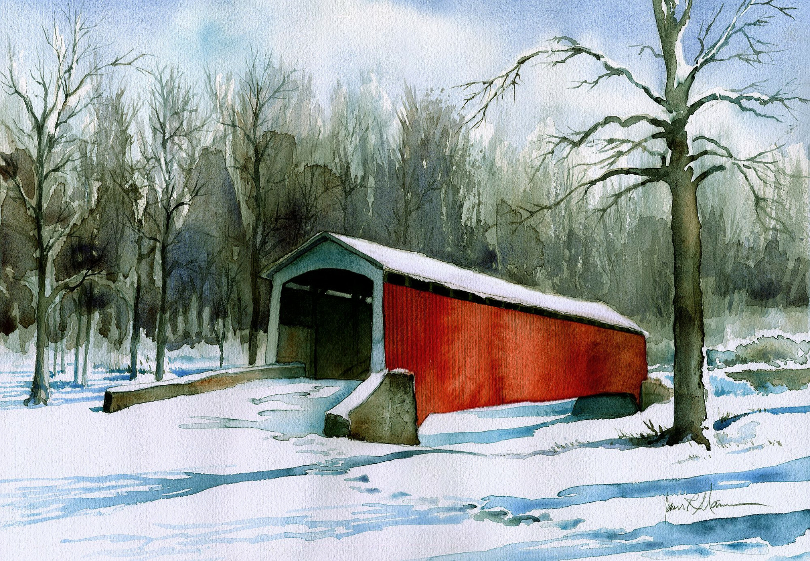 Red Run Mill Covered Bridge, Lancaster County, PA. Snow.  Watercolor notecards