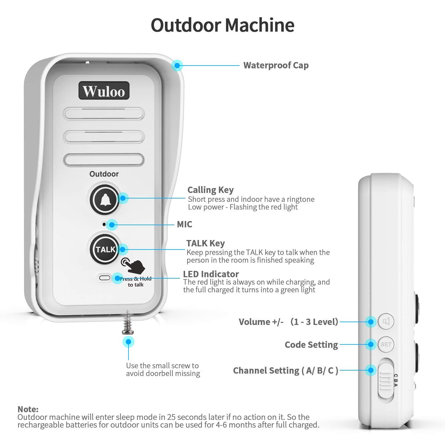 Wuloo Wireless Doorbell Intercoms 2640ft Range Weatherproof Rechargeable Stand