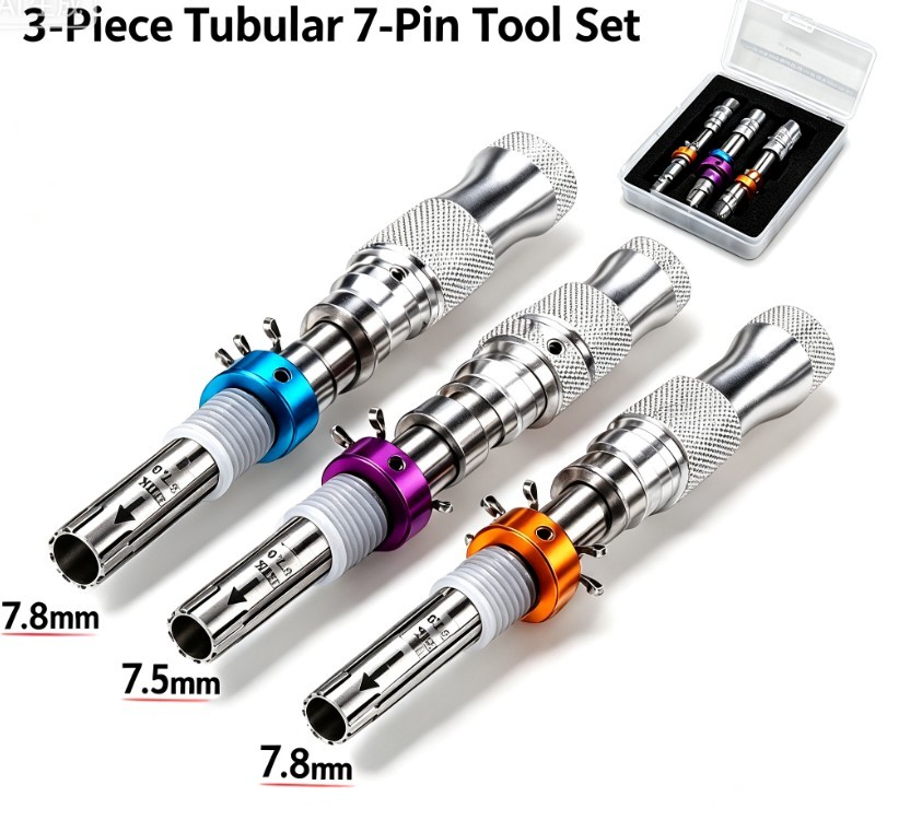 7-Pin Tubular lockPick Set 3-Piece Stainless 7 7.5 7.8mm w/ Carry Case Locksmith