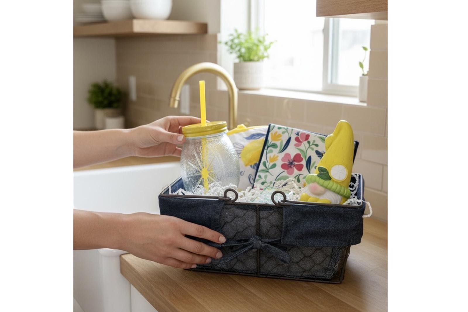 Lemon Gnome Kitchen Gift Basket Farmhouse Decor Glass Tumbler Towel Pot Holder