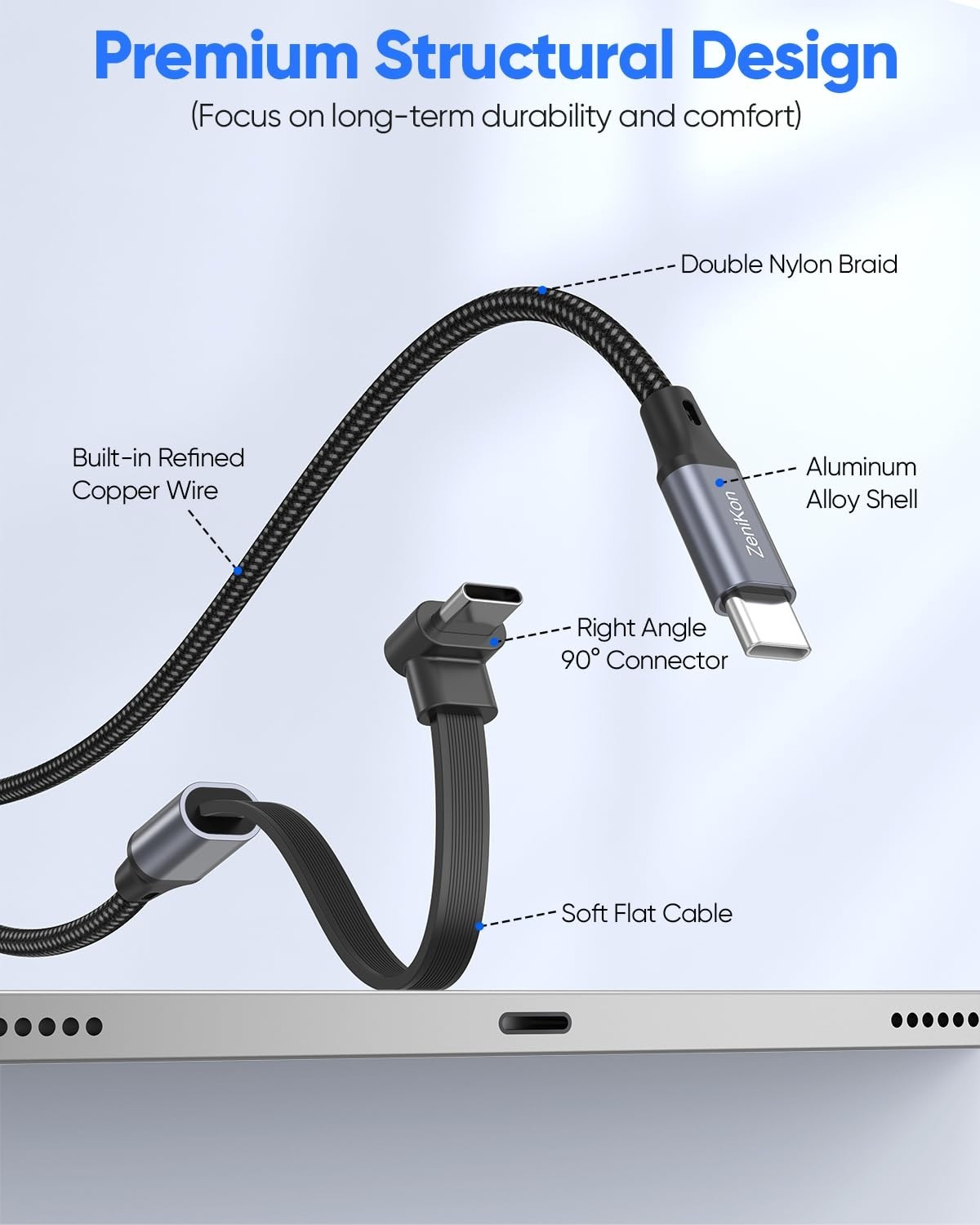 90 Degree USB C Cable 1FT, Right Angle USB C Cable Flat 60W Fast Charging Nyl...