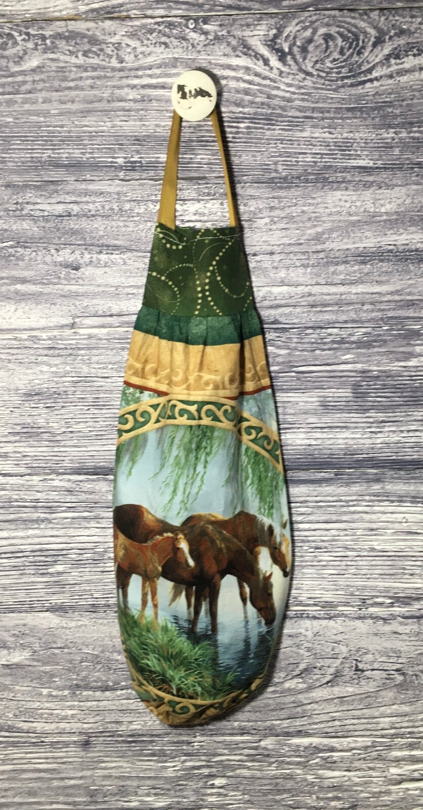 Plastic Grocery Bag Rag Sock Holder Horses Mares & Foal Drinking at the Stream