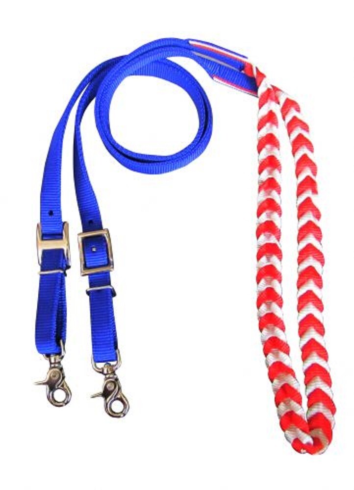 Premium nylon BRIADED RED WHITE BLUE CONTEST REINS w/ Scissor snap ends Horse