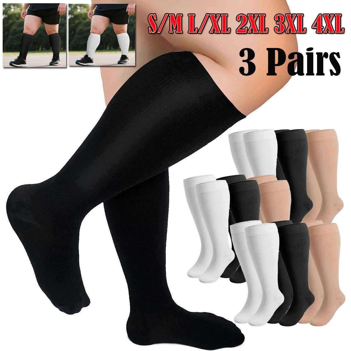 3 Pairs Compression Socks Stockings Womens Mens Knee High Medical 20-30 S/M-4XL