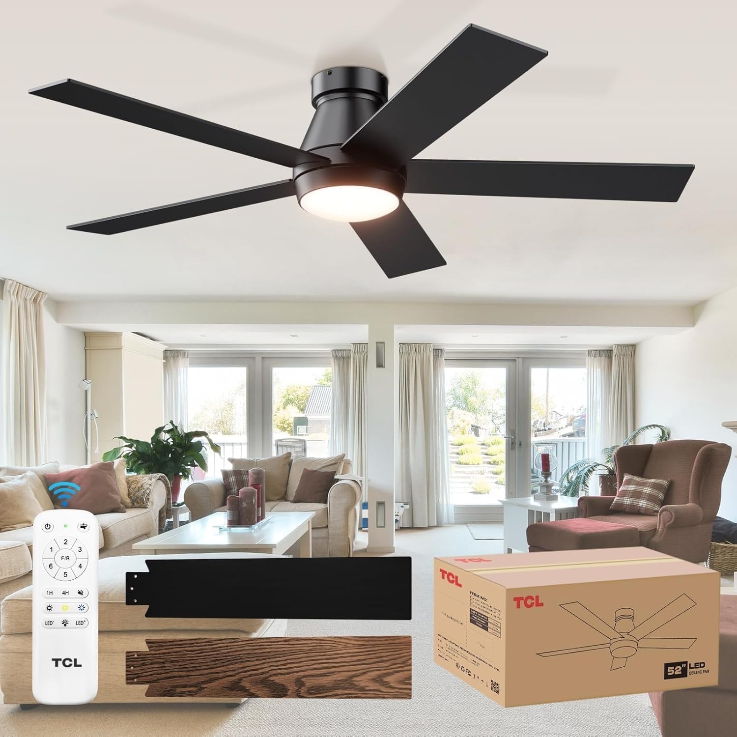 TCL 52" Ceiling Fan with Lights, Black Flush Mount 52 inch,