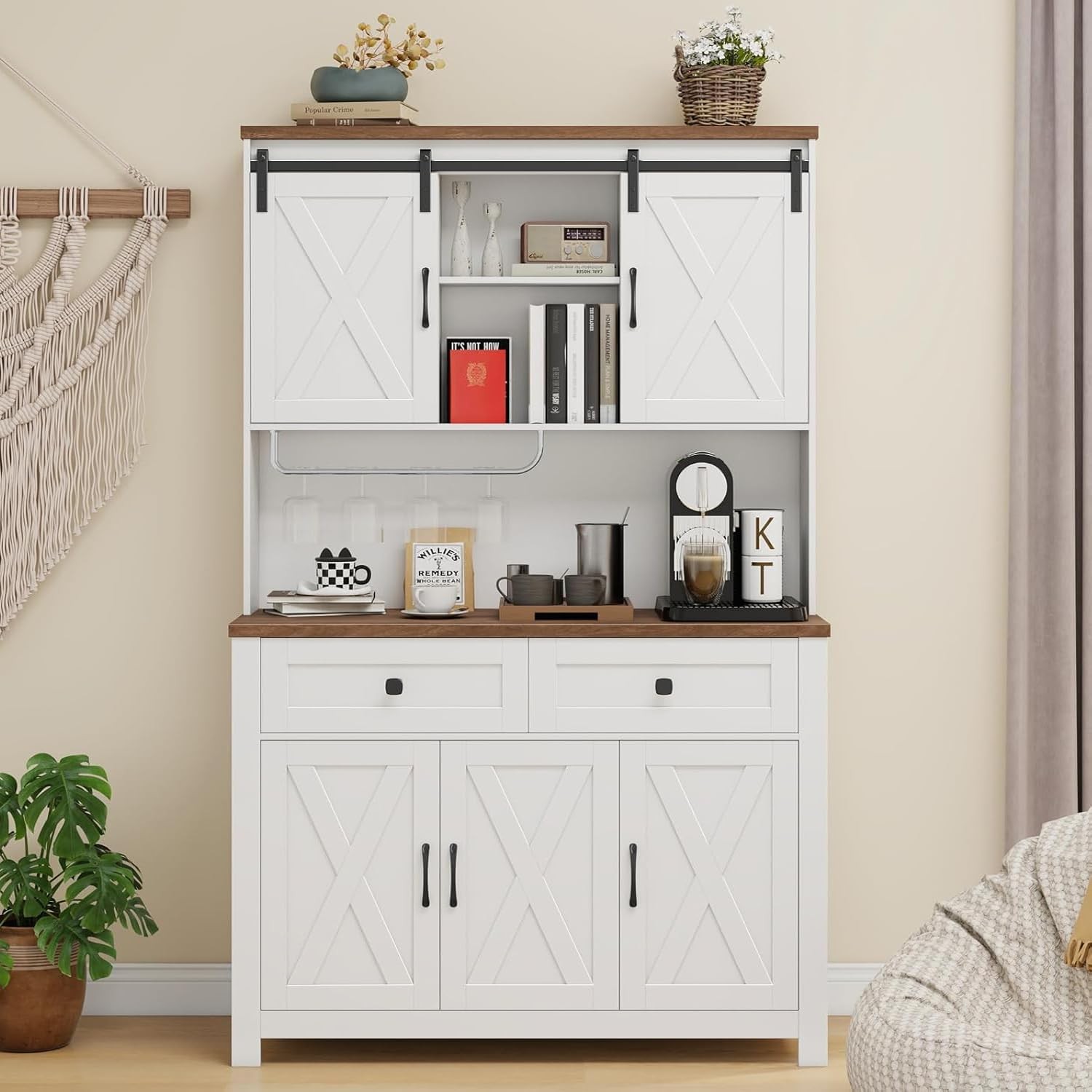 67.7" Cabinet Sliding Barn Doors 2 Drawers Adj Shelf Buffet Sideboard White