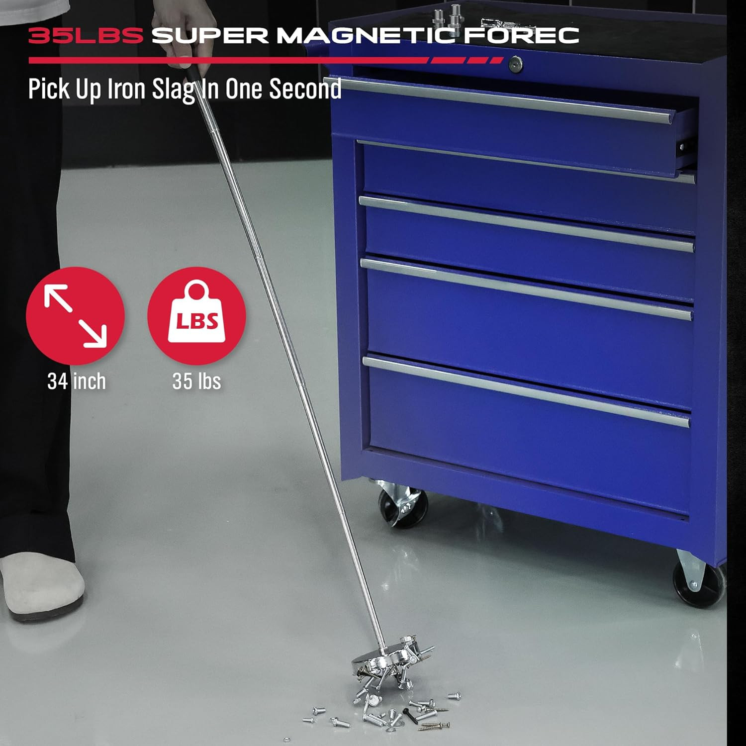 Telescoping Magnetic Sweeper Tool - 35LB Capacity, 8.6" to 33" Adjustable Length