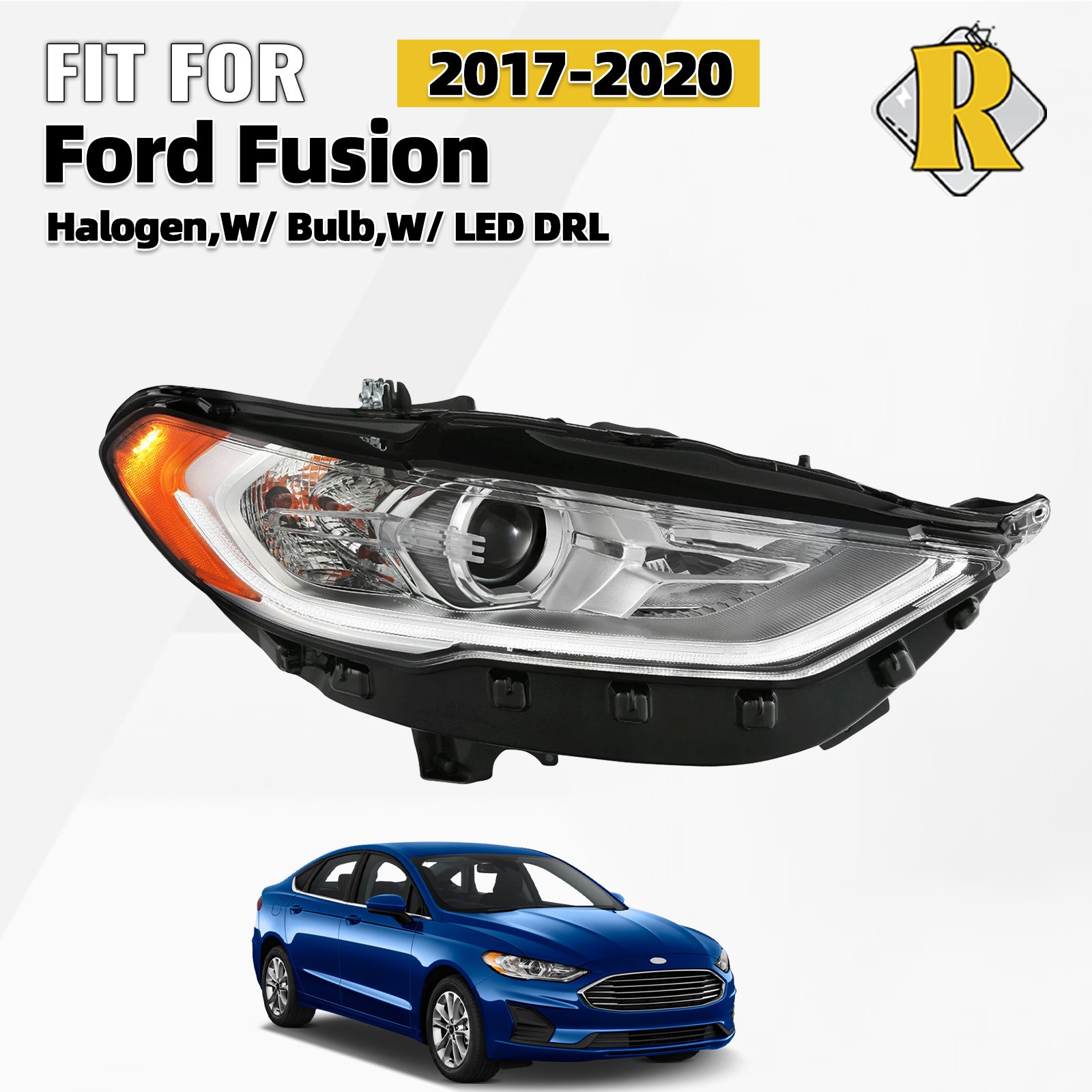 Halogen Headlight For 2017-2020 Ford Fusion w/ LED DRL with bulbs Passenger Side