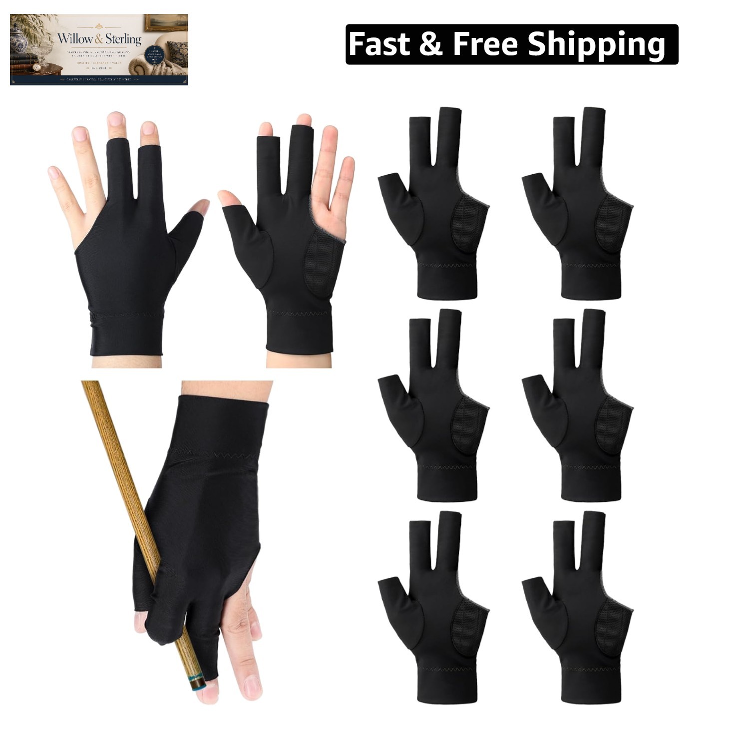 8 Pcs Billiard Pool Gloves Left Hand 3-Finger for Men & Women with Anti-Slip ...
