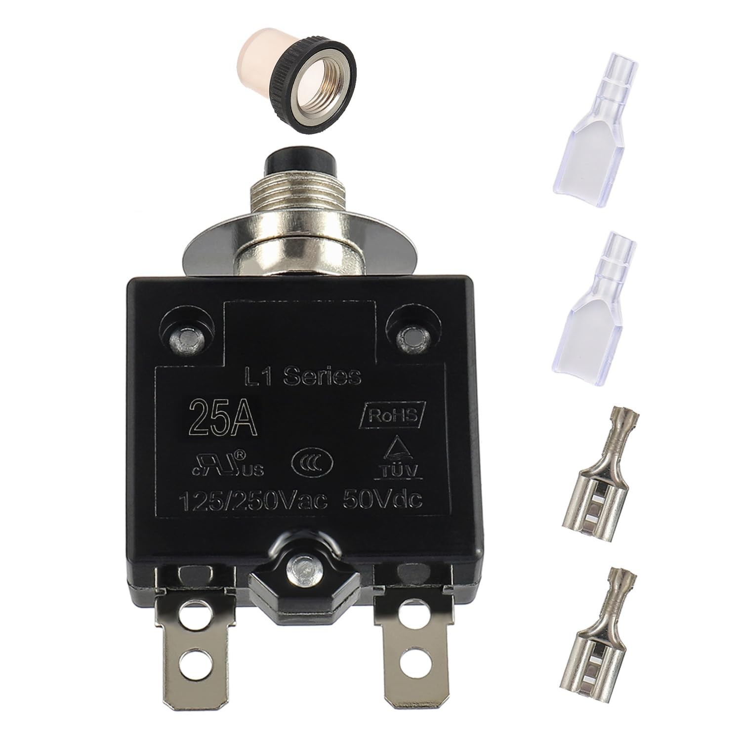 25A Manual Reset Push Button Circuit Breaker 125/250V AC 50V DC Thermal Overl...