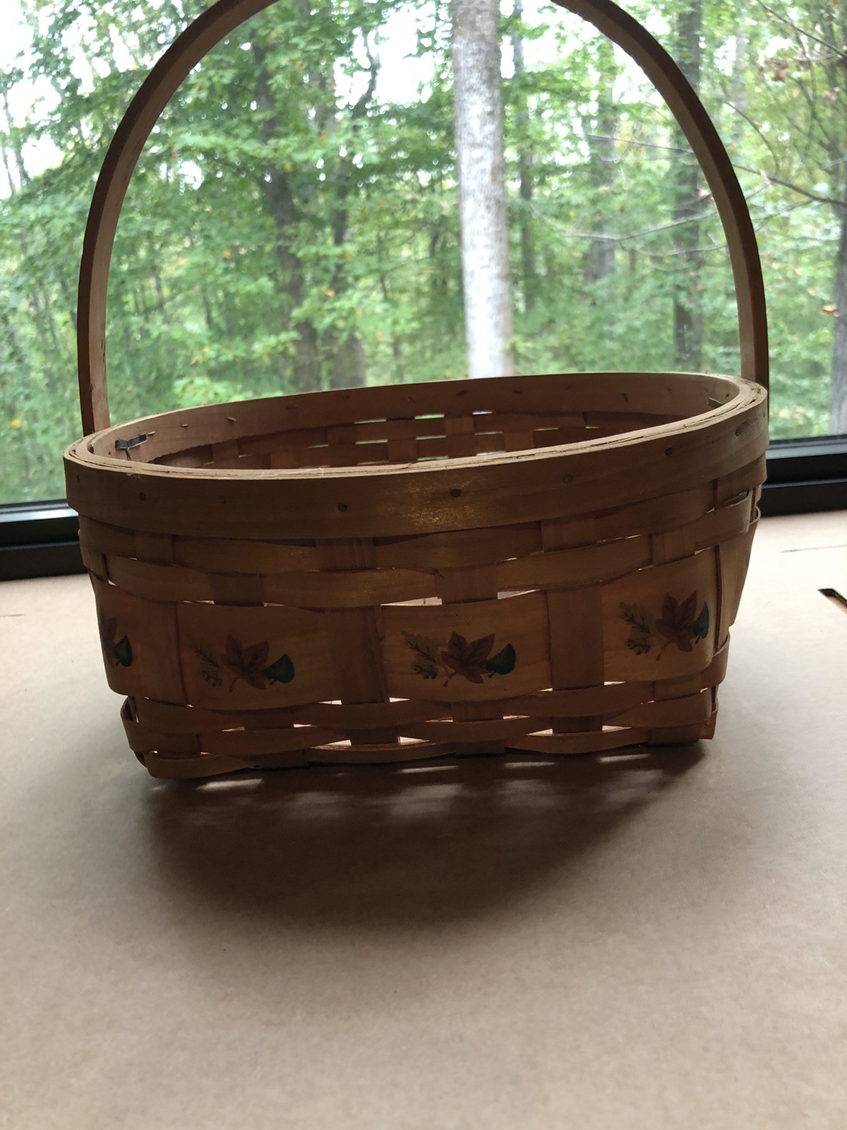wooden Fall theme basket with movable handle 11” X 4.5” Vintage