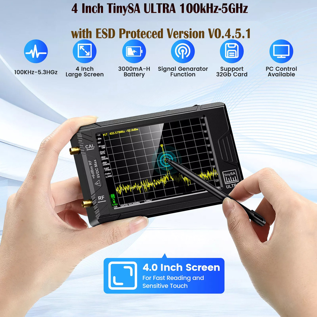 DT TinySA Ultra Spectrum Analyzer, 4.0 Inches 100kHz to 5.3GHz Handheld 32GB