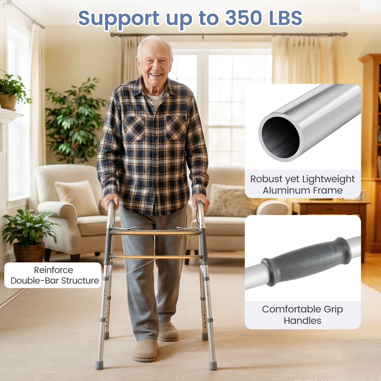 2-Button Folding Walker, 7-Level Adjustable Height, Lightweight Aluminum