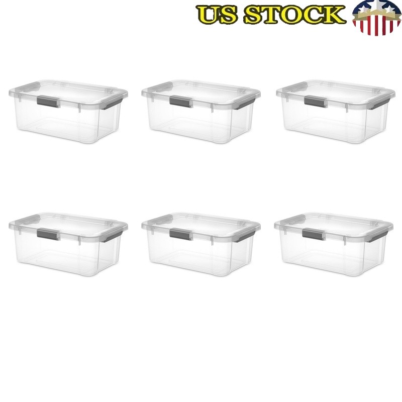 HingeLID Storage Bins Stackable Organizer W/ Latch Handles Clear Lid 6 Pack New