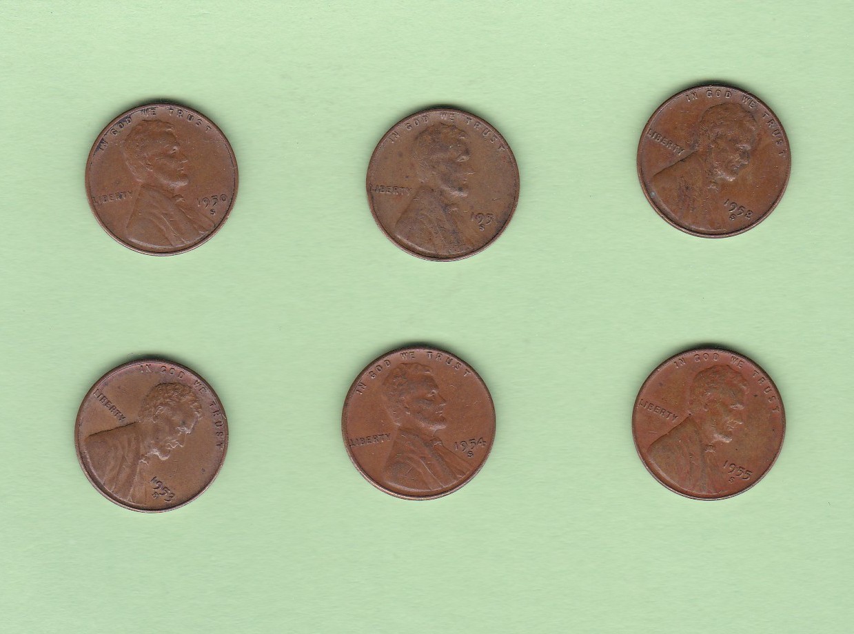 1950 S 1951 S 1952 S 1953 S 1954 S 1955 S LINCOLN WHEAT 1 CENT 6 COINS TOGETHER