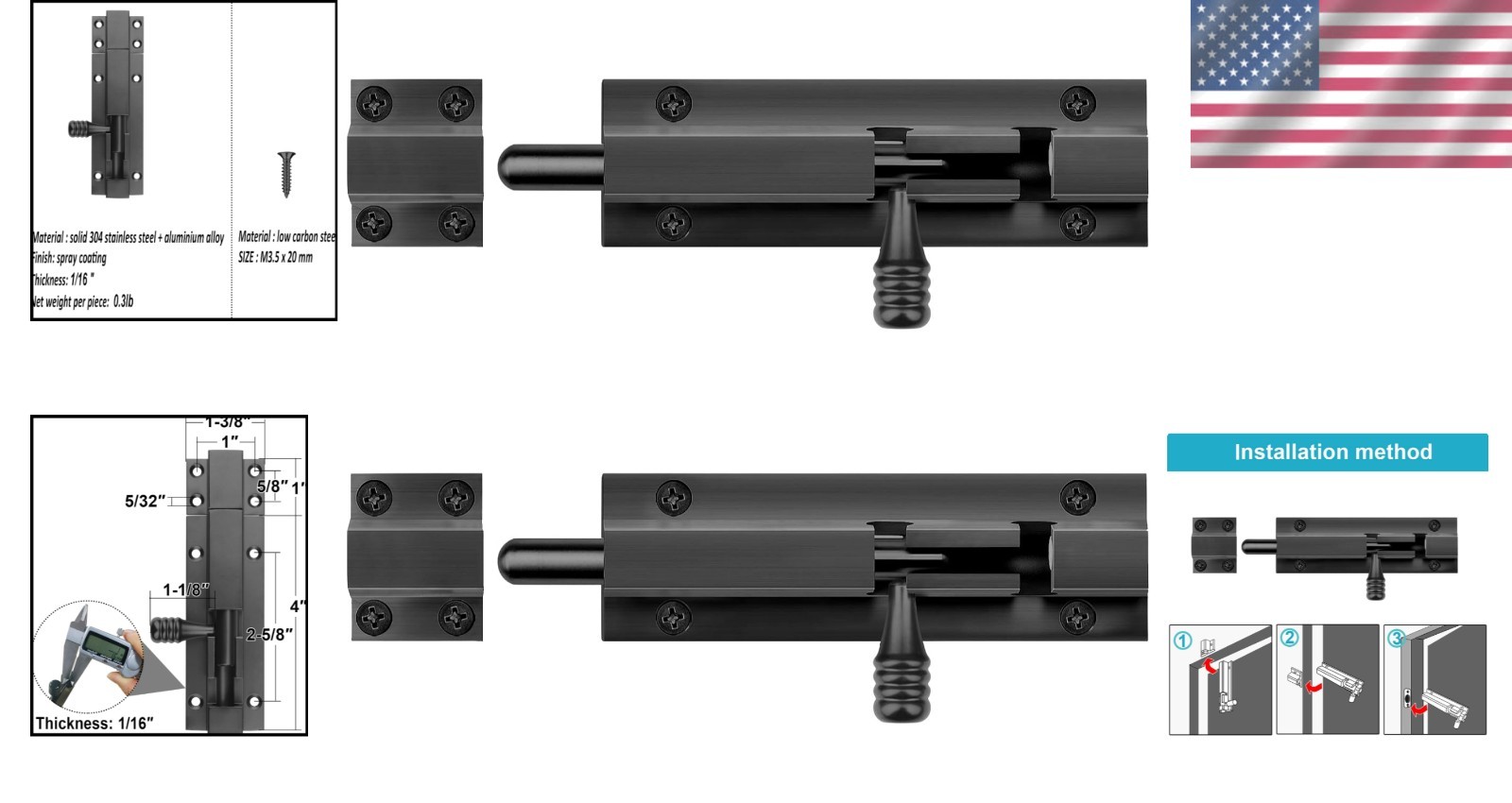 Durable 5" Black Aluminum Slide Bolt Latch - 2 Pack with Easy Installation
