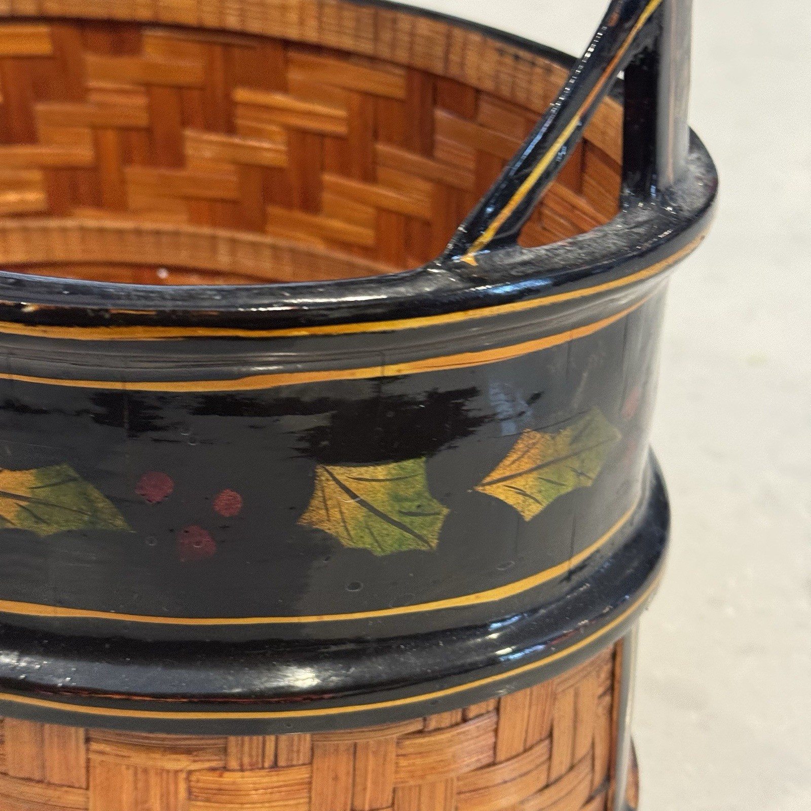 Wicker & Black Lacquer Woven Christmas Basket W/ Holly Leaf Pattern Please Read