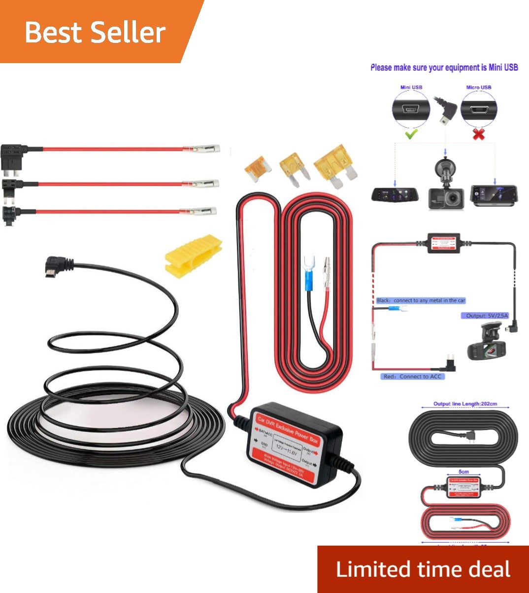 Easy-Install Mini USB Dash Cam Hardwire Kit - 10ft for Effortless Power Supply